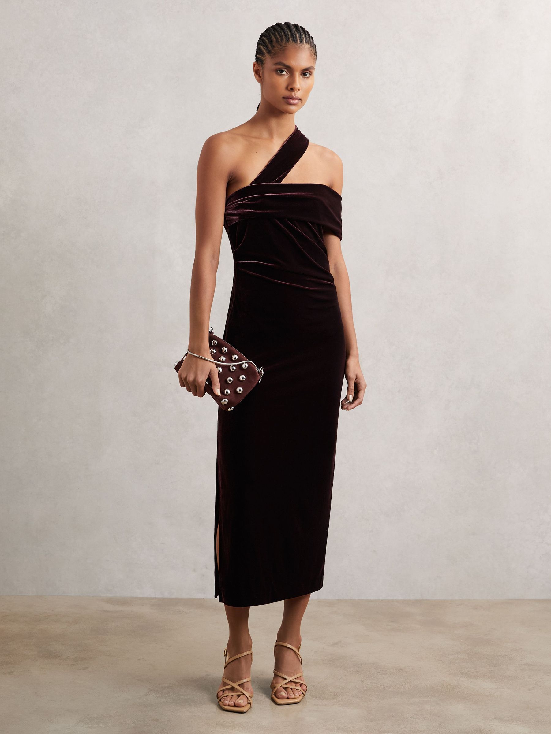 Velvet One-Shoulder Midi Dress in Burgundy (H71045) | £148
