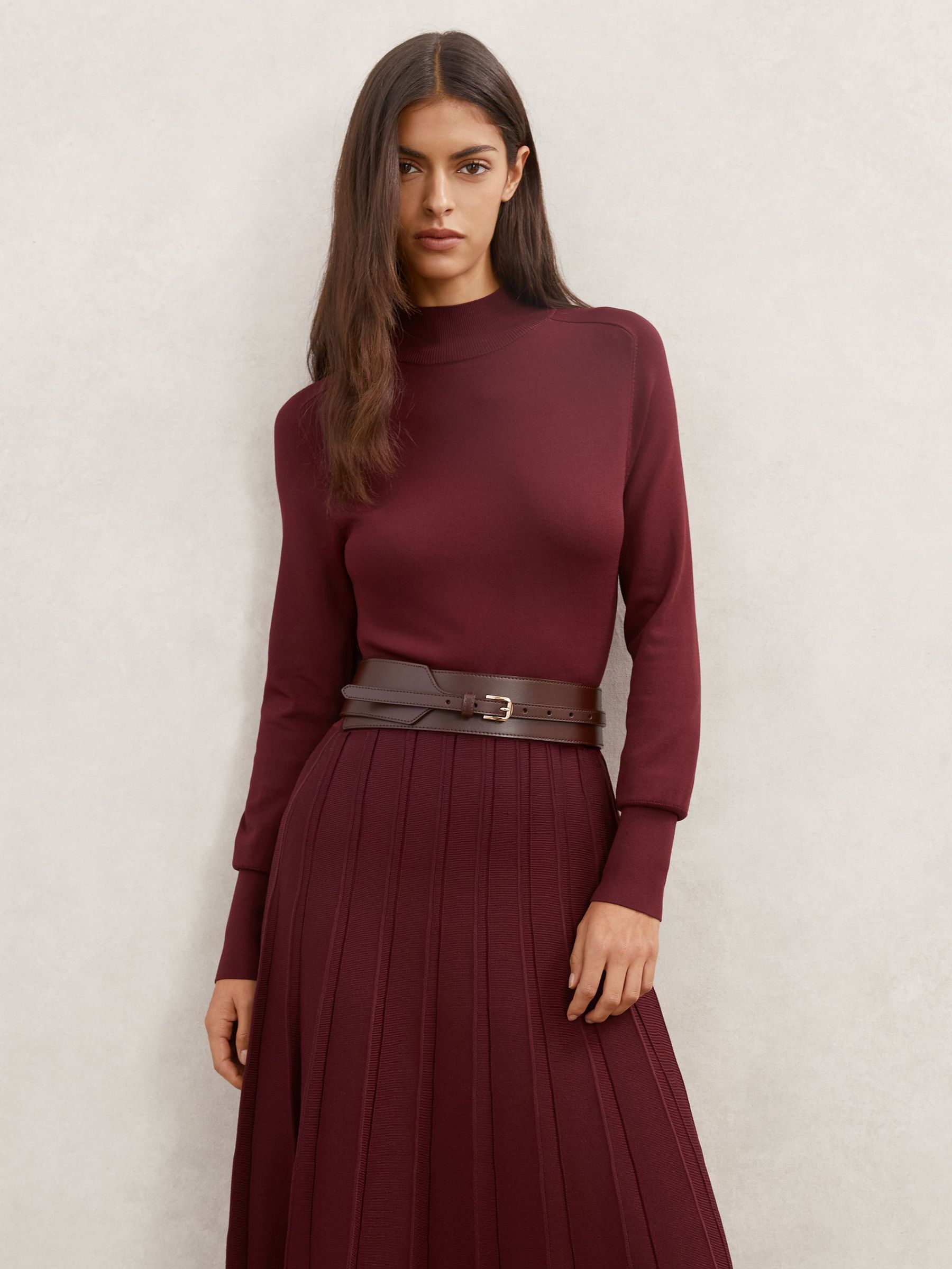Petite Belted Knit Pleated Midi Dress in Raspberry Red (H71665) | £240