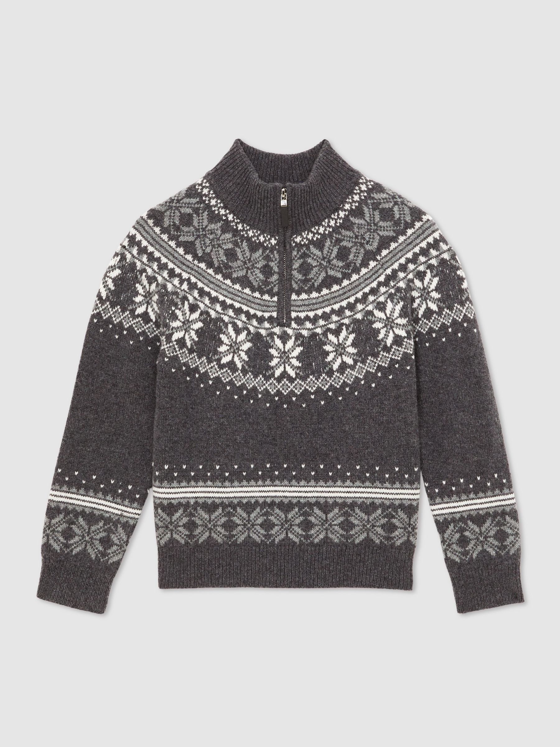13-14 yrs Fair Isle Half-Zip Jumper with Wool in Dark Grey/Off White (H71743) | £50