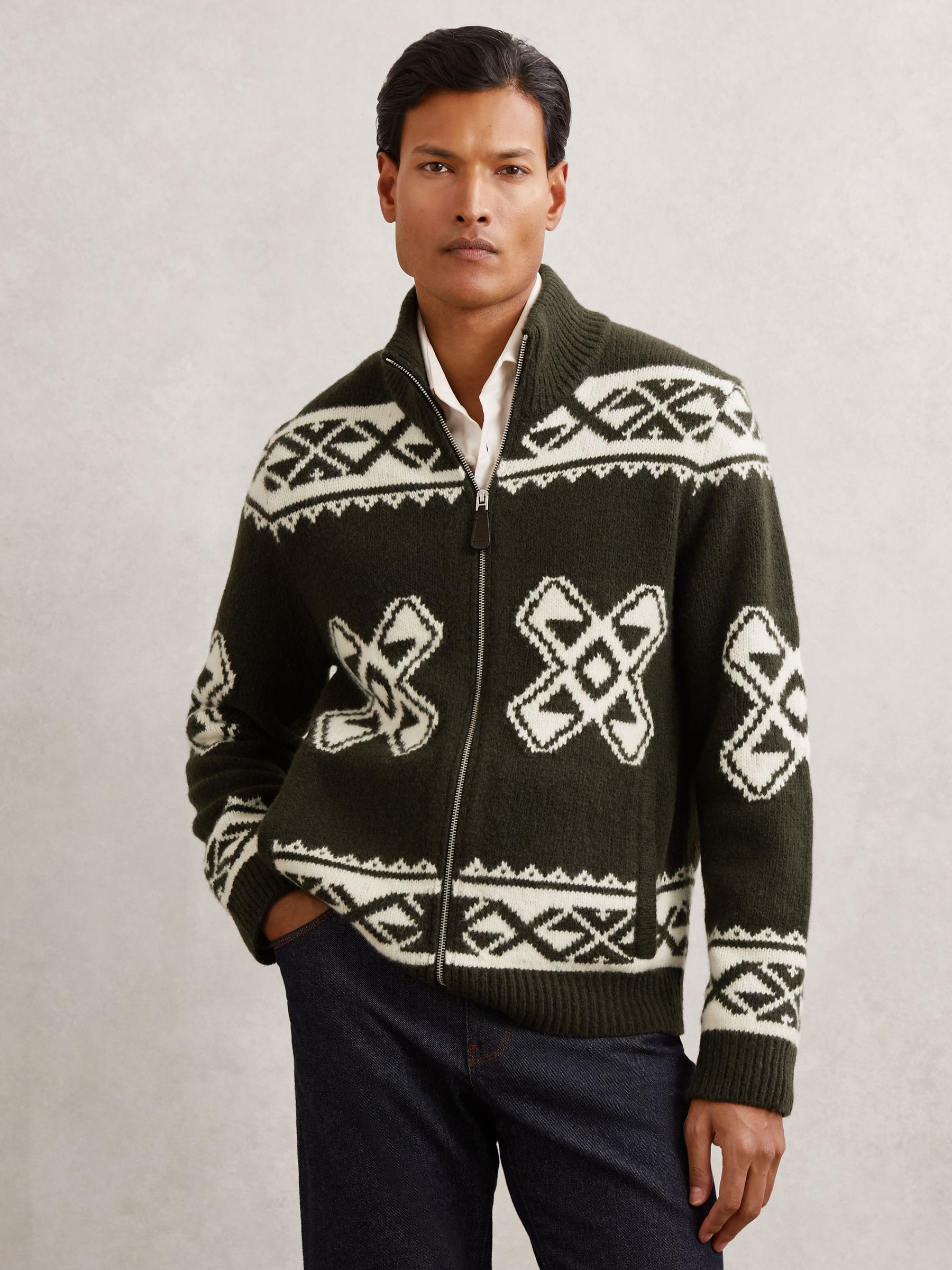 Wool-Blend Fair Isle Zip Jumper in Forest Green (H71767) | £178