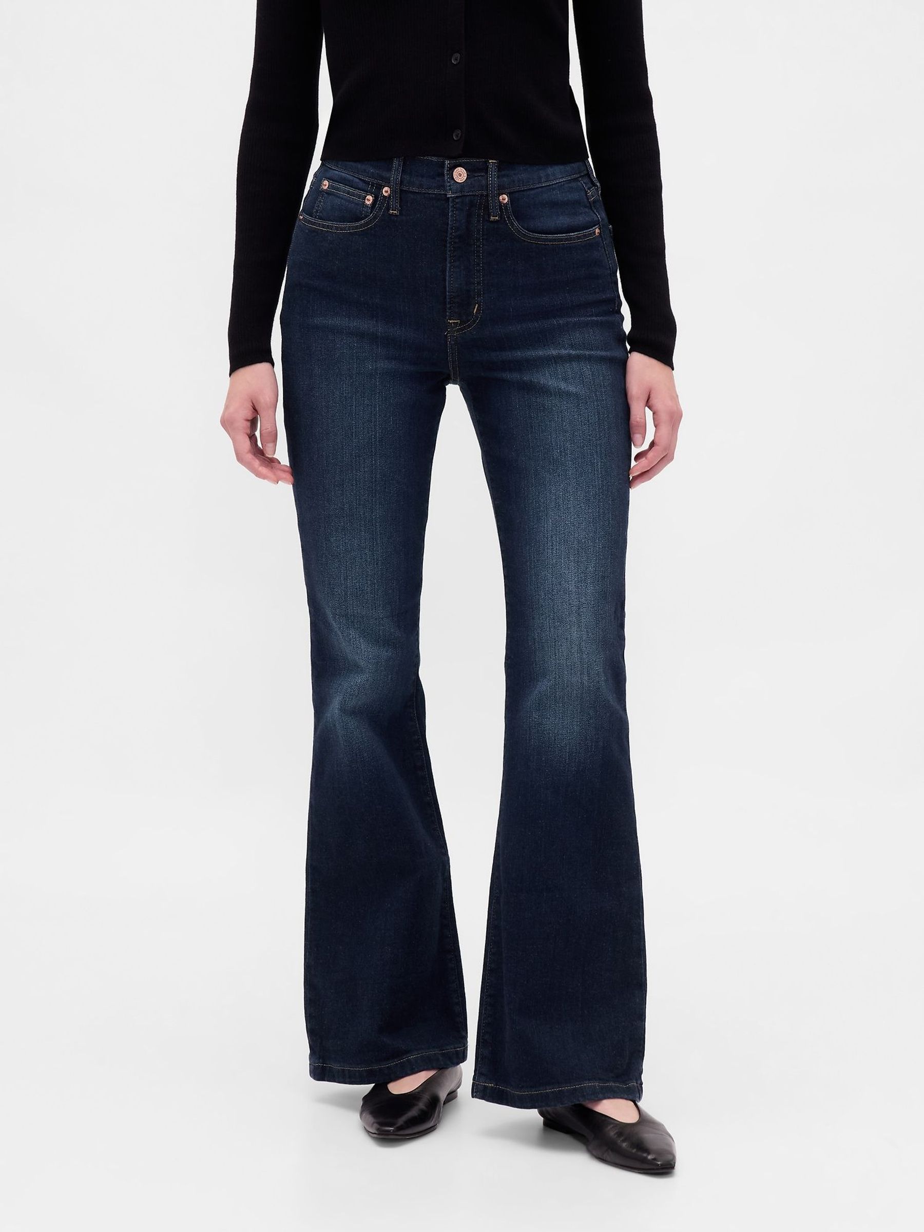 Dark Wash Blue High Waisted 70s Flare Jeans (H72200) | £50