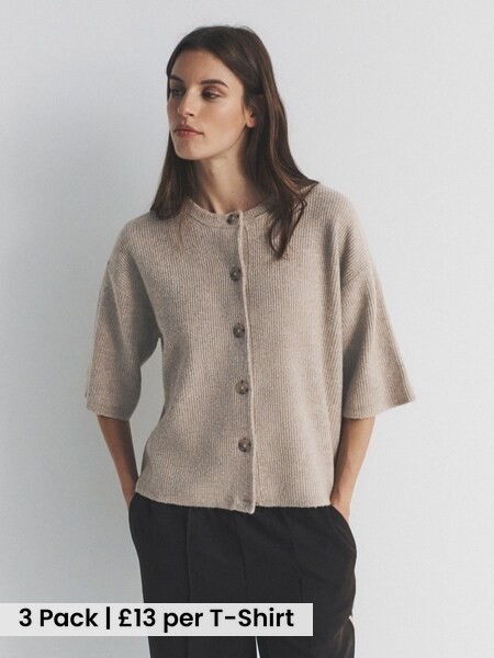 Brown Marl/Neutral/cream 3 Pack Knitted Button Down T-Shirts With Wool (H72265) | £39