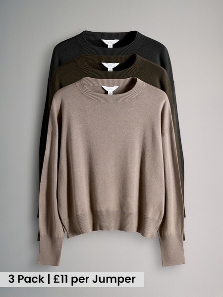 Black/Brown/Neutral 3 Pack Fine Knit Crew Neck Jumpers (H72268) | £33