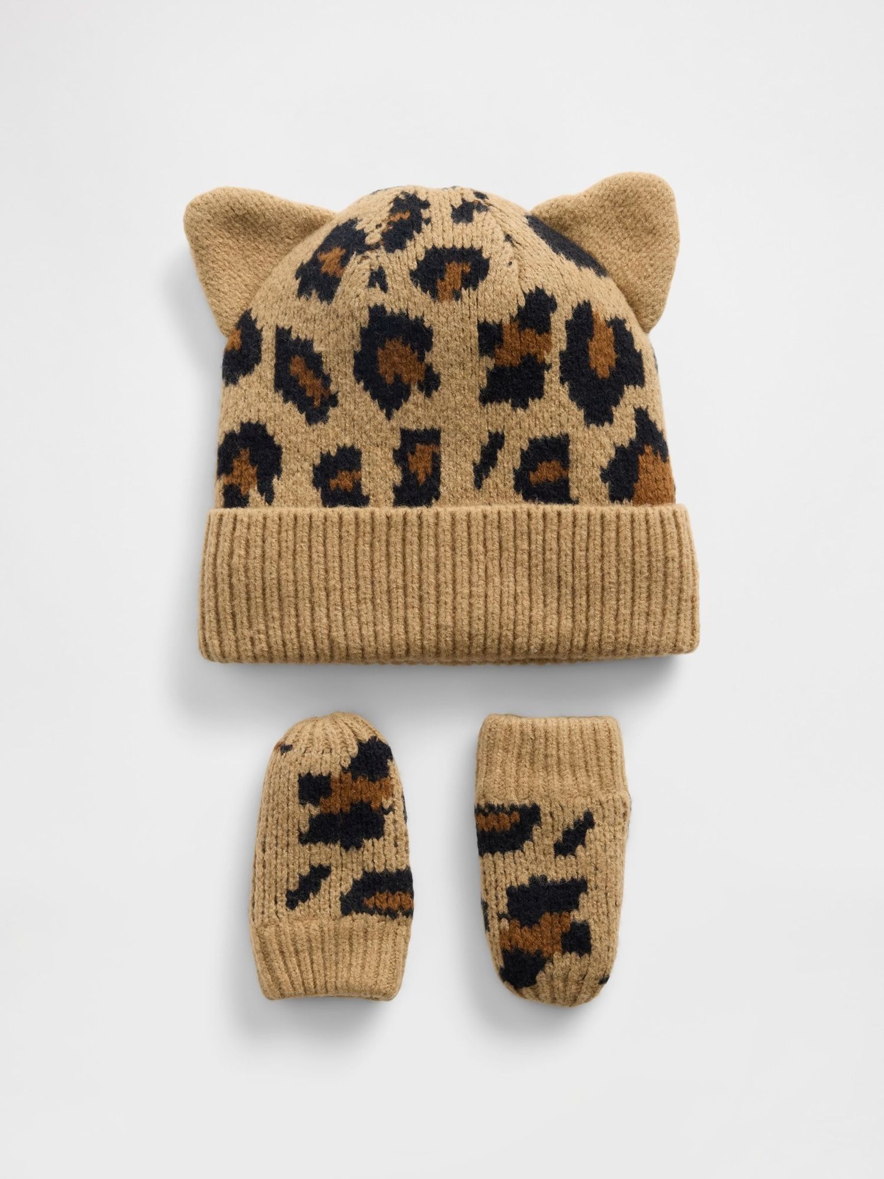 Yellow Soft Touch Leopard Beanie and Mittens Set (H73952) | £25