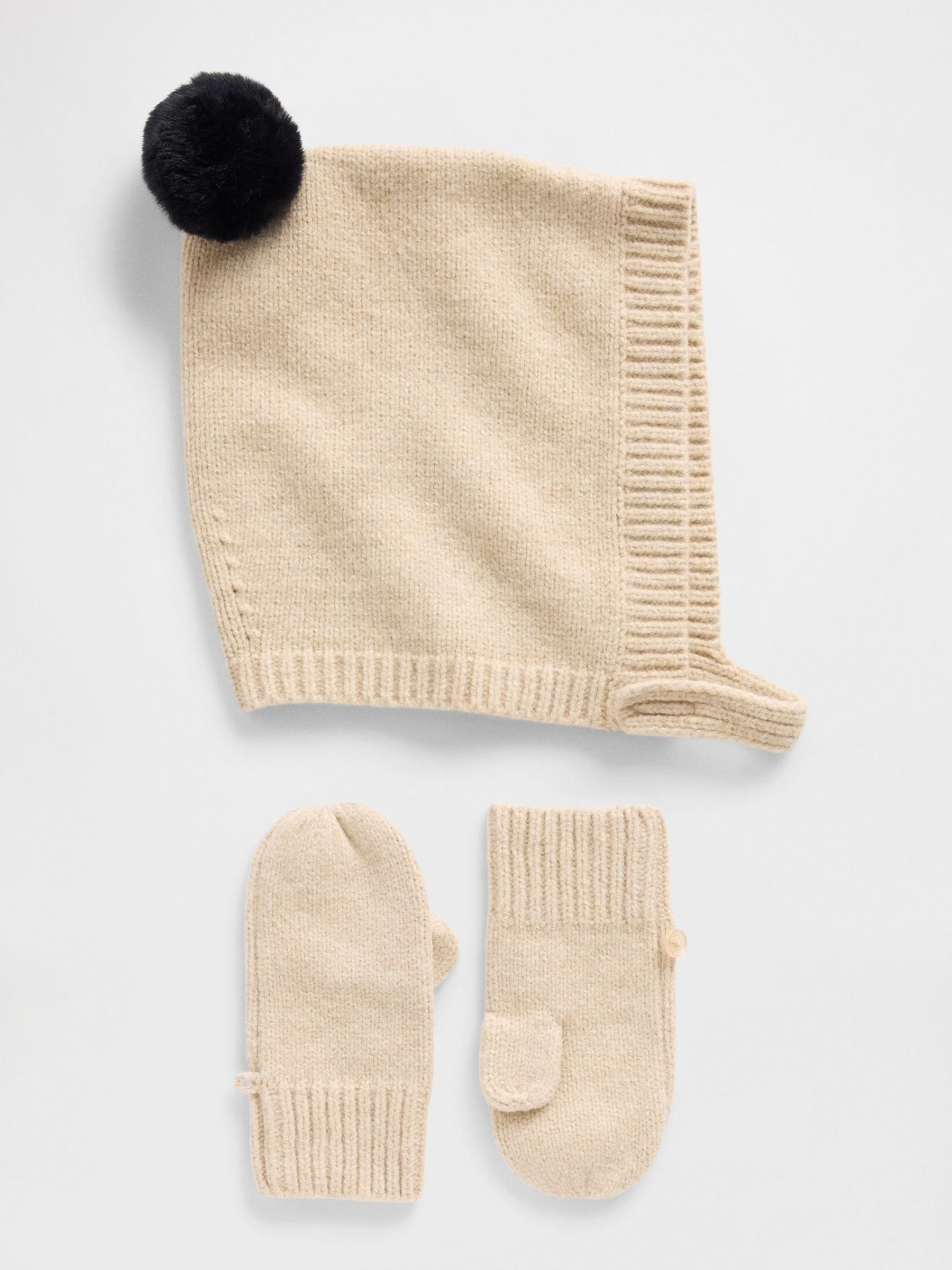 Cream Soft Touch Pom Hat and Mittens Set (12mths-3yrs) (H73961) | £25