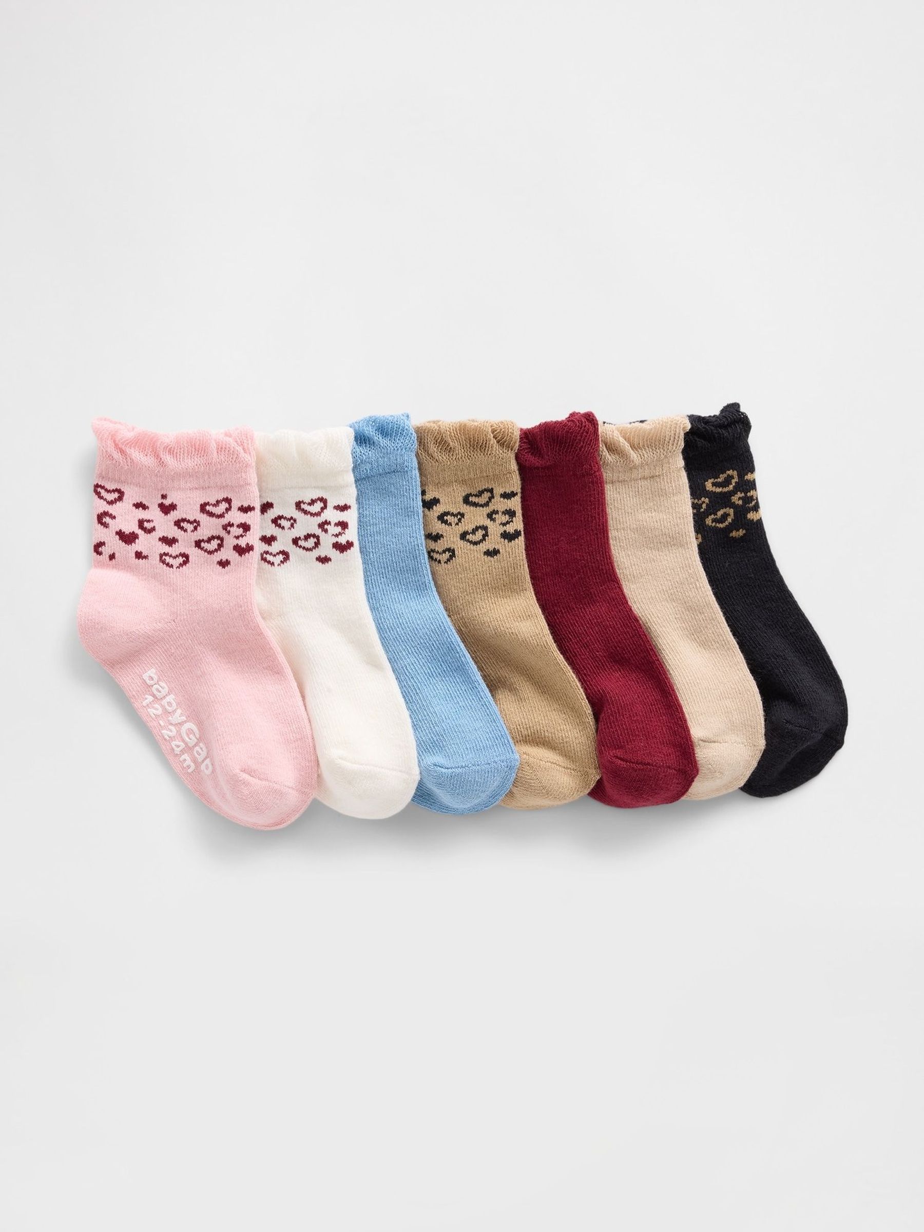 Ivory/Pink Hearts Ruffle Quarter Crew Socks 7 Pack (H73965) | £14