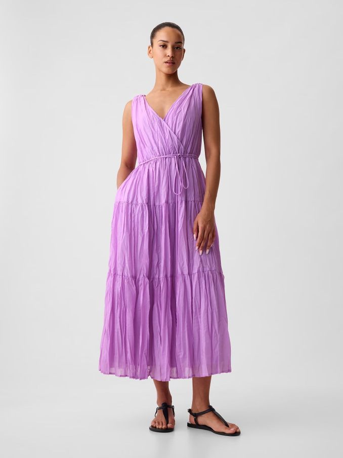 Purple Pleated Tiered V Neck Midi Dress (H74611) | £37