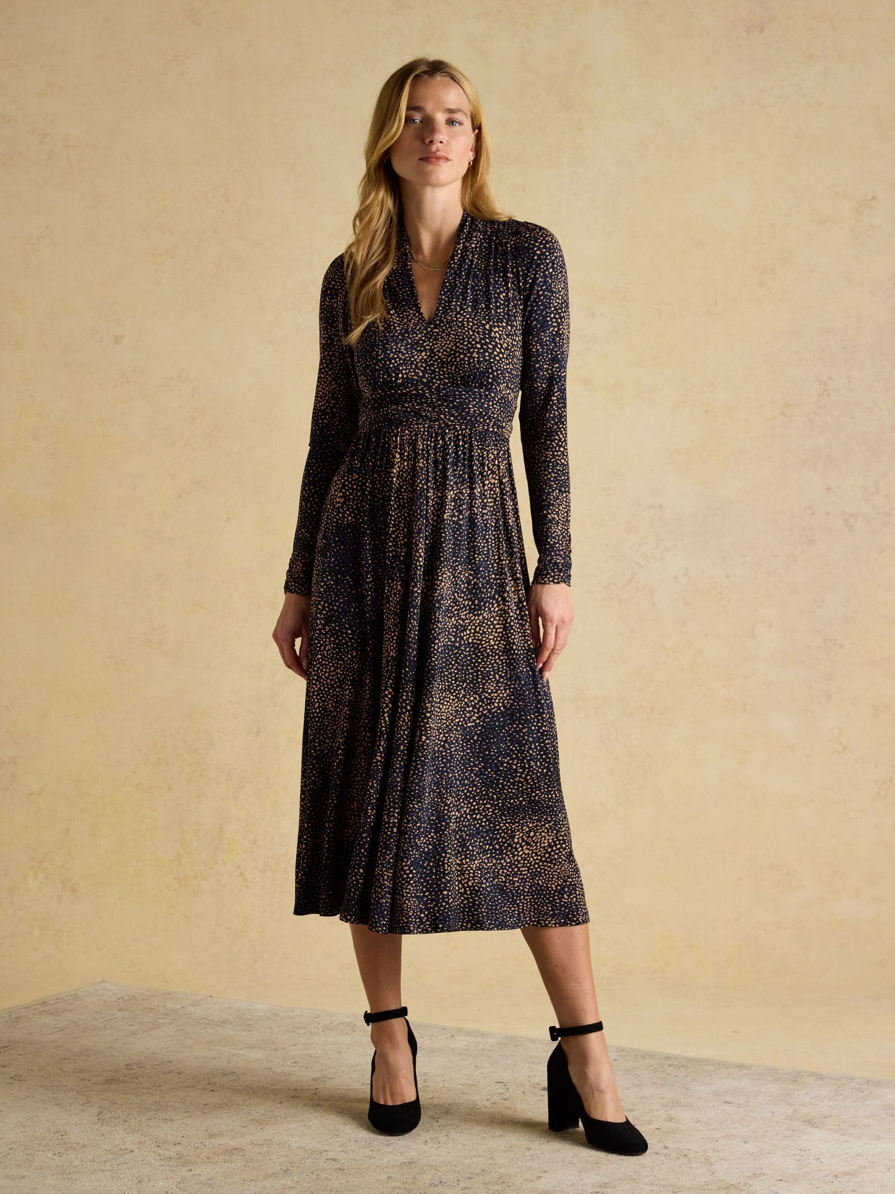 Mina Navy Jersey Ruched Waist Long Sleeve V Neck Dress