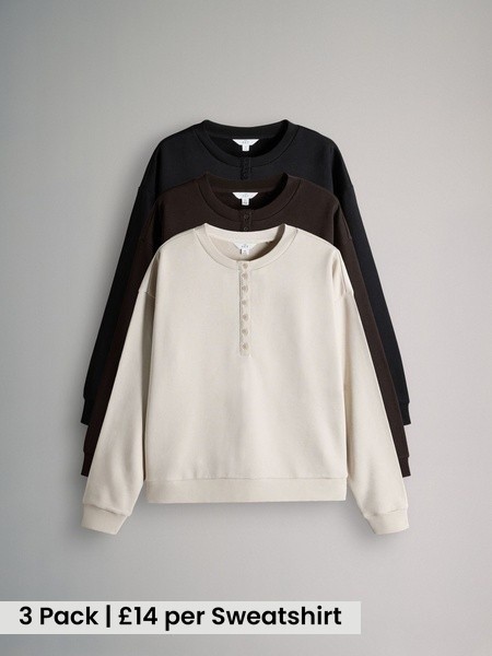 Black/Chocolate Brown/Cream 3 Pack Henley Sweatshirts (H76336) | £42