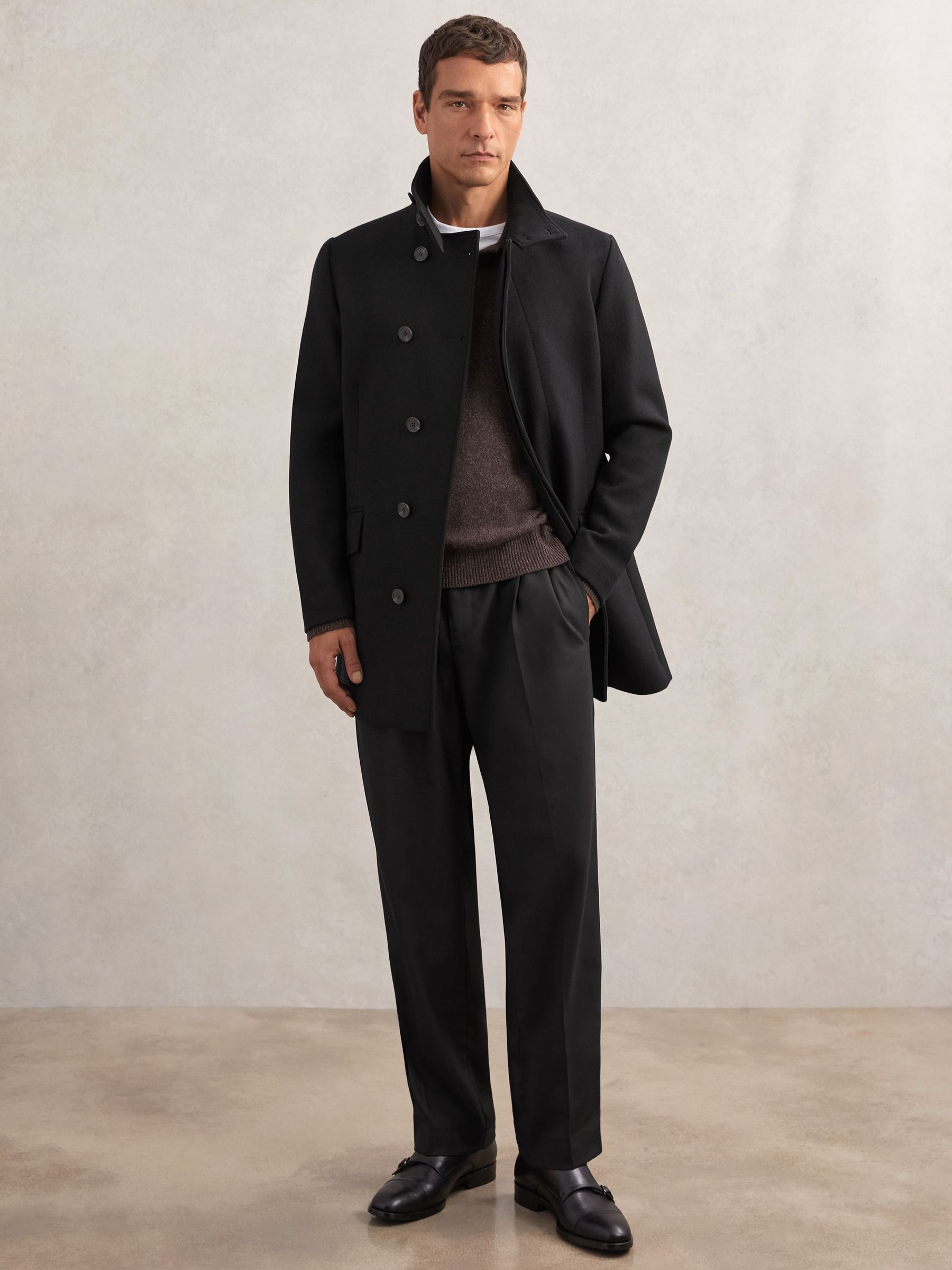 Wool-Blend Stand-Collar Coat in Black (H76910) | £368