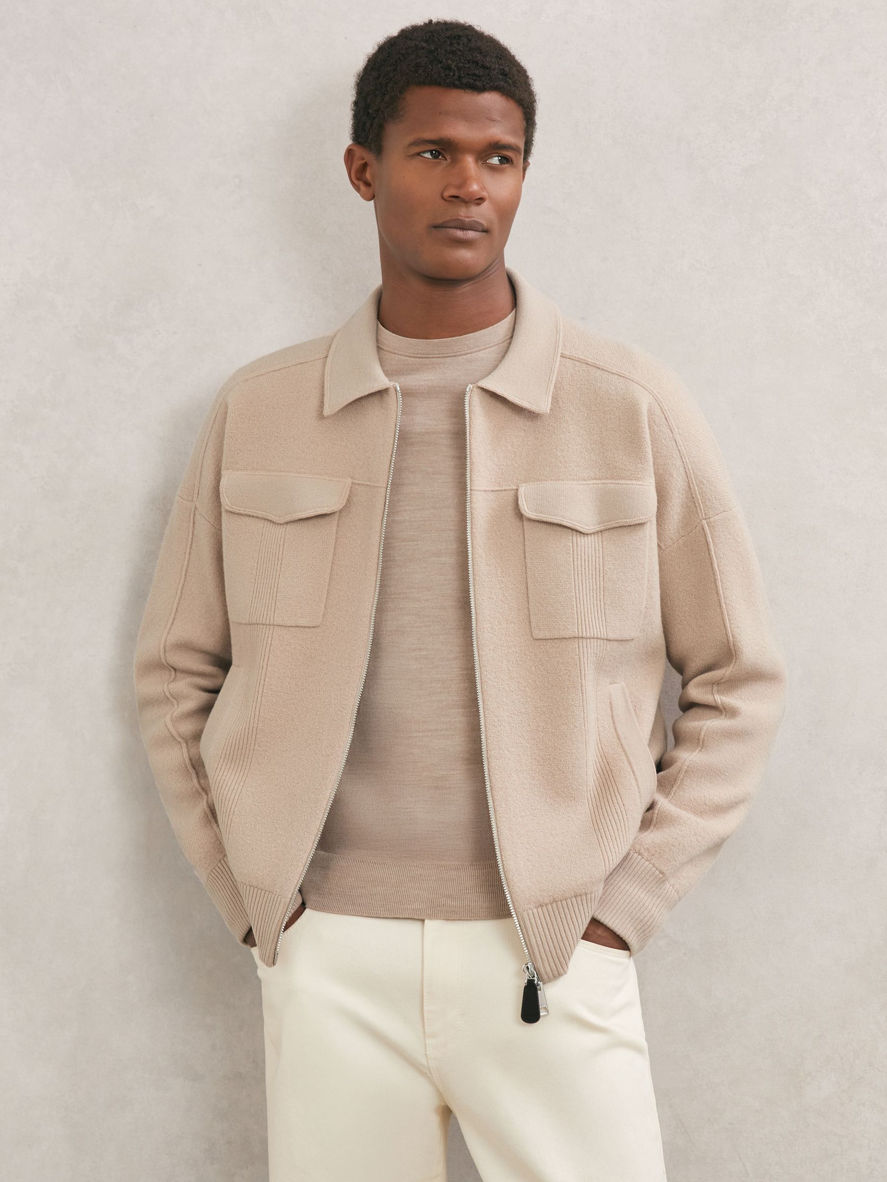 Merino Wool Twin-Pocket Cardigan in Soft Camel Brown (H77215) | £178