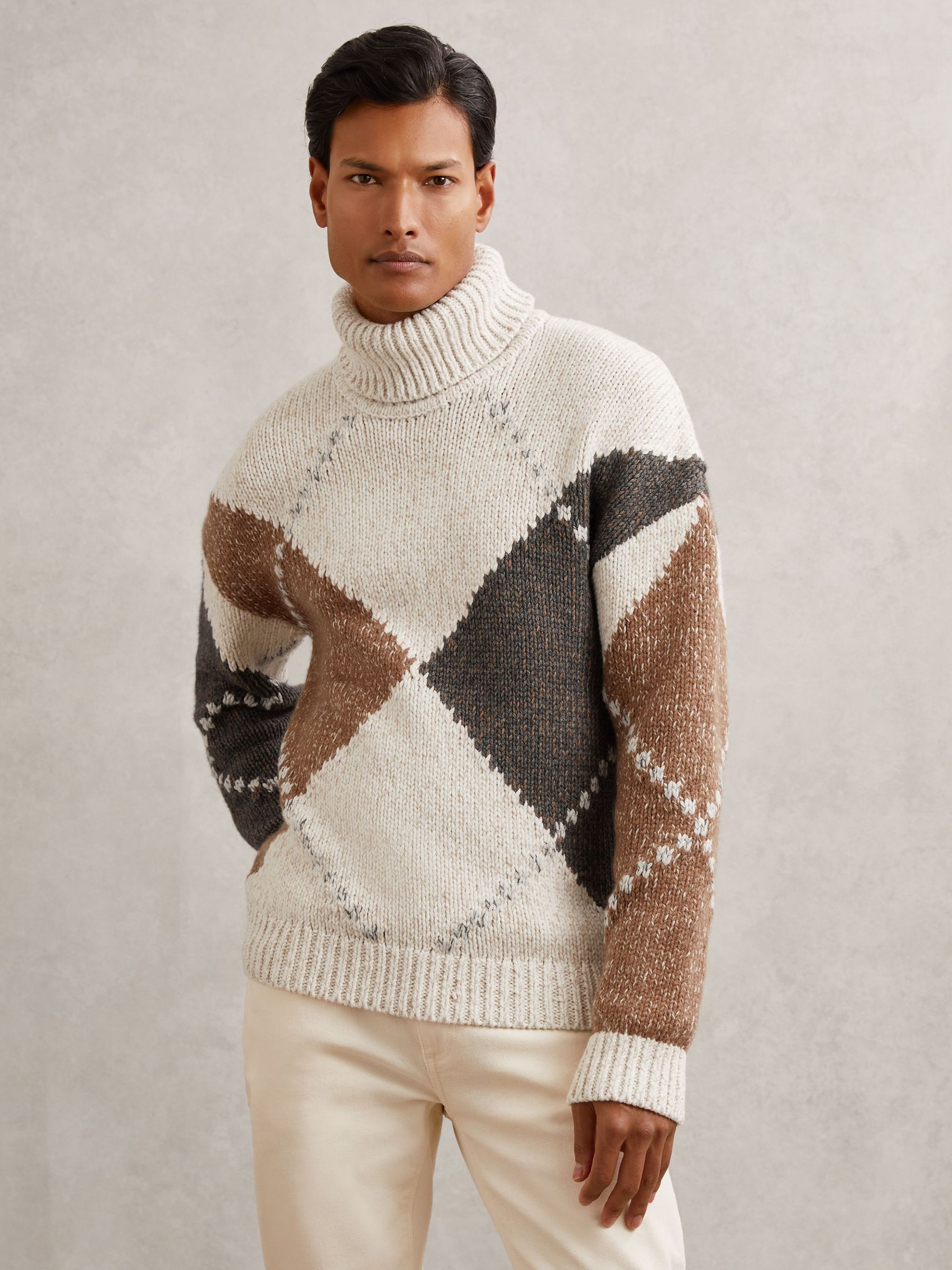 Wool-Blend Roll-Neck Argyle Jumper in Camel Brown Multi (H77222) | £148