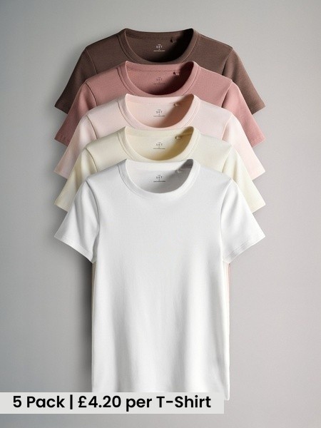 Multi 5 Pack Short Sleeve Ribbed T-Shirts (H77582) | £21