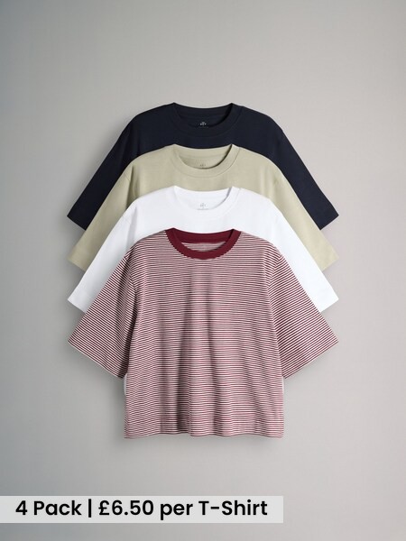 Navy/Light Green/White/Red Stripe 4 Pack Heavyweight Relaxed Short Sleeve T-Shirts (H77585) | £26