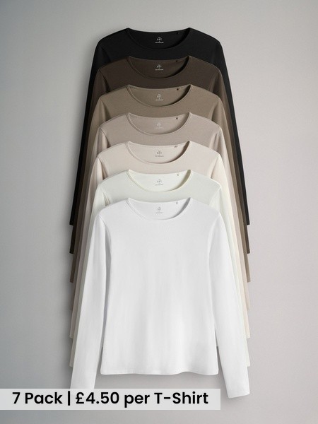 Chocolate Brown/ Taupe Brown/ Light Brown/ Neutral 7 Pack Long Sleeve Crew Neck T-Shirts (H77618) | £31.50