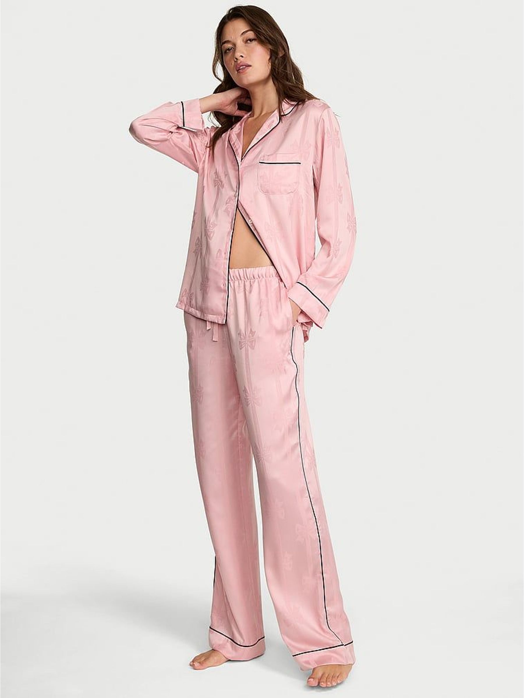 Dusk Pink Bow Satin Long Pyjamas Set (H77695) | £69