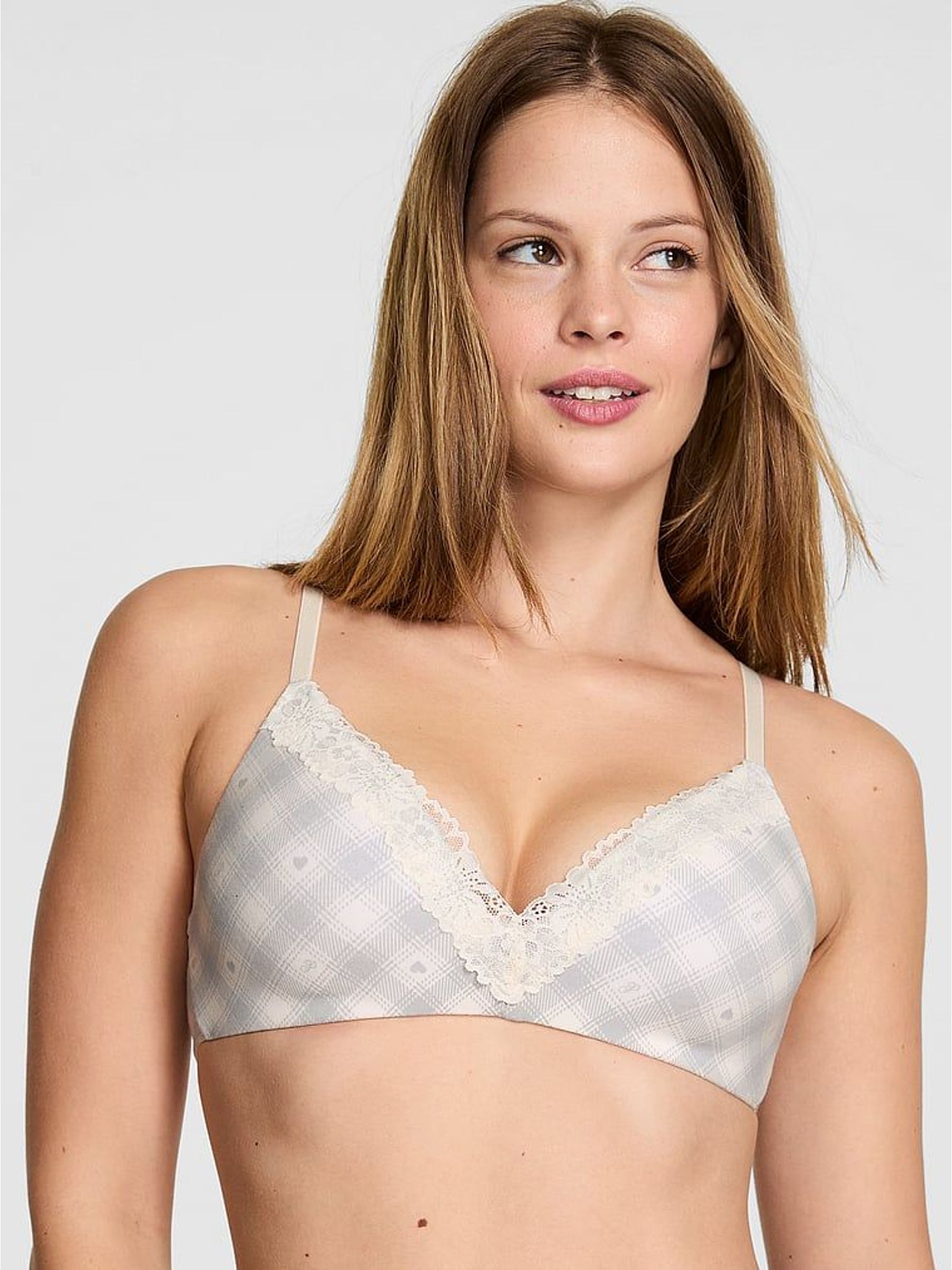White Tartan Non Wired Lightly Lined Cotton Heather Lace Trim Bra (H77696) | £30