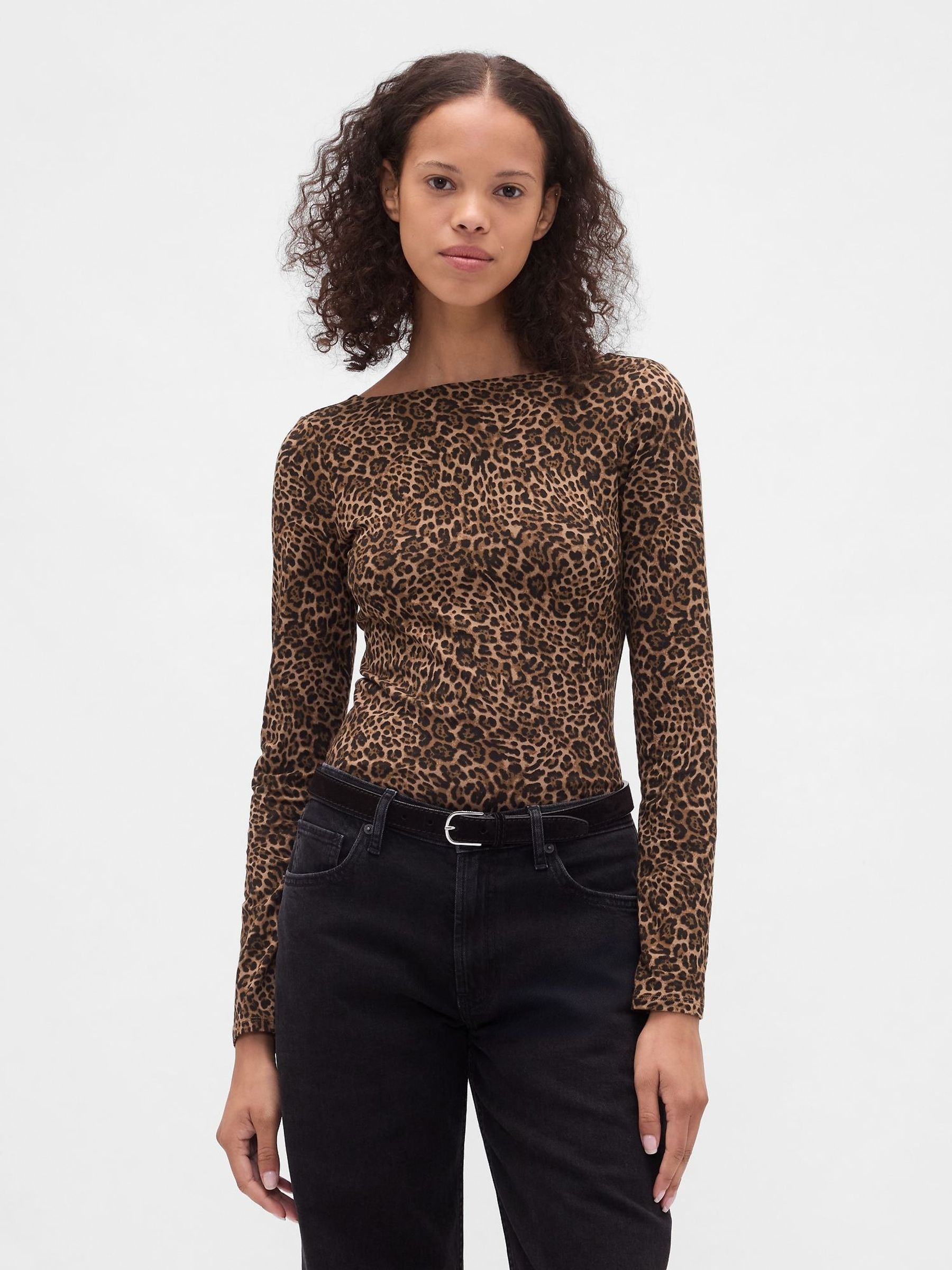 Leopard Print Brown CloseKnit Jersey Boatneck Open-Back T-Shirt (H78847) | £25
