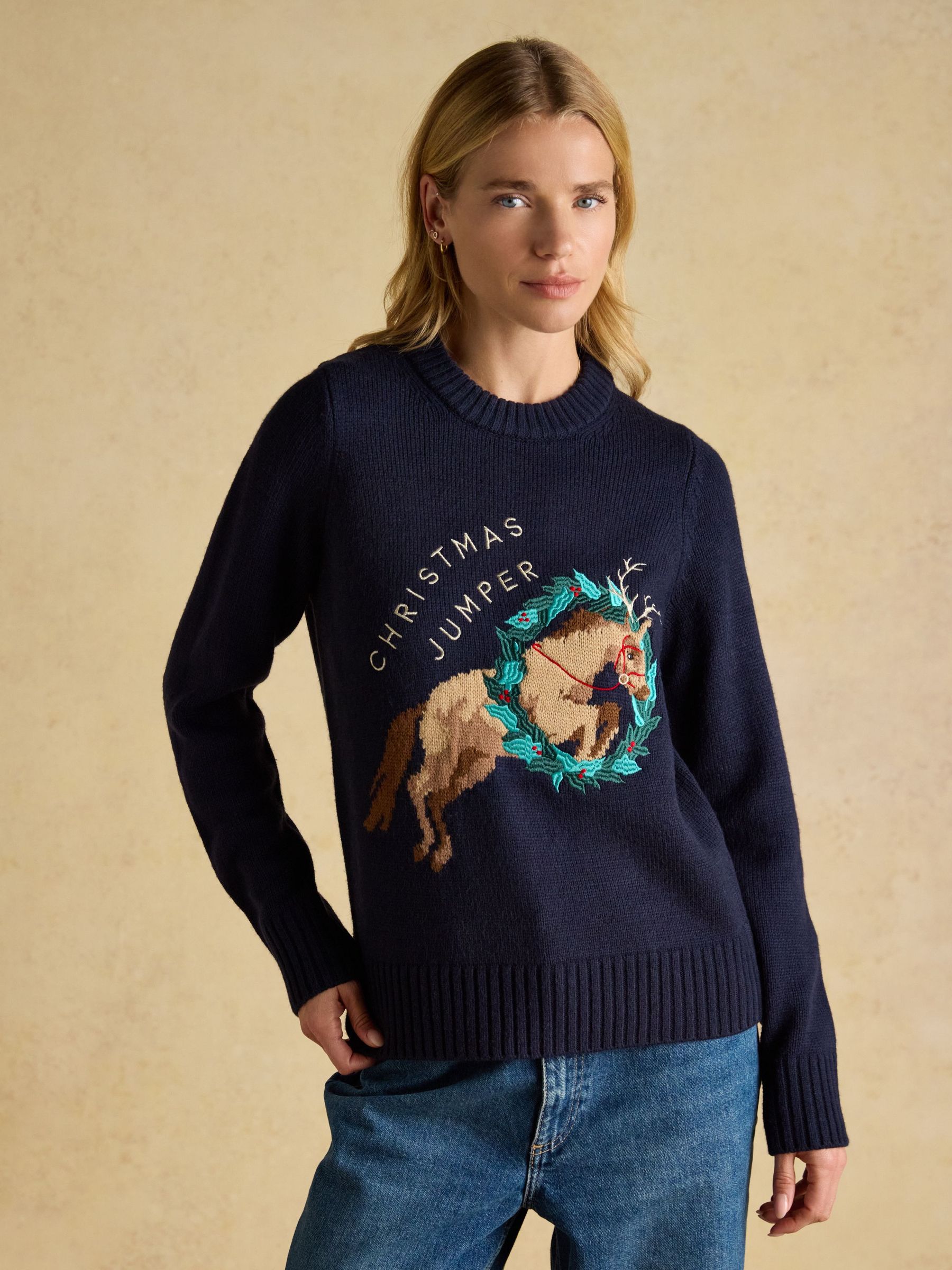 Noelle Navy Embroidered Knitted Christmas Jumper (H79612) | £49