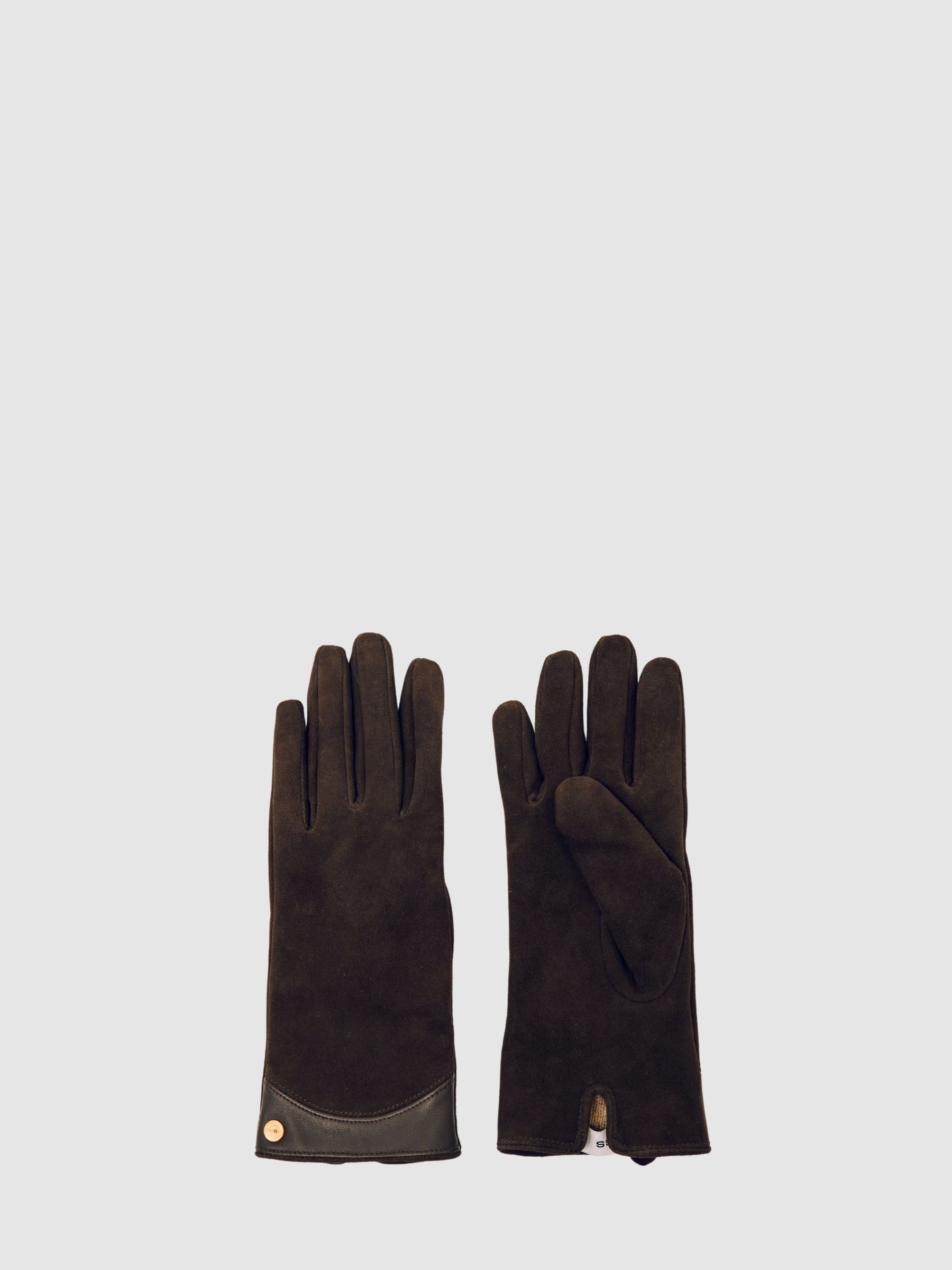 Suede Leather-Trim Gloves in Chocolate (H80419) | £68