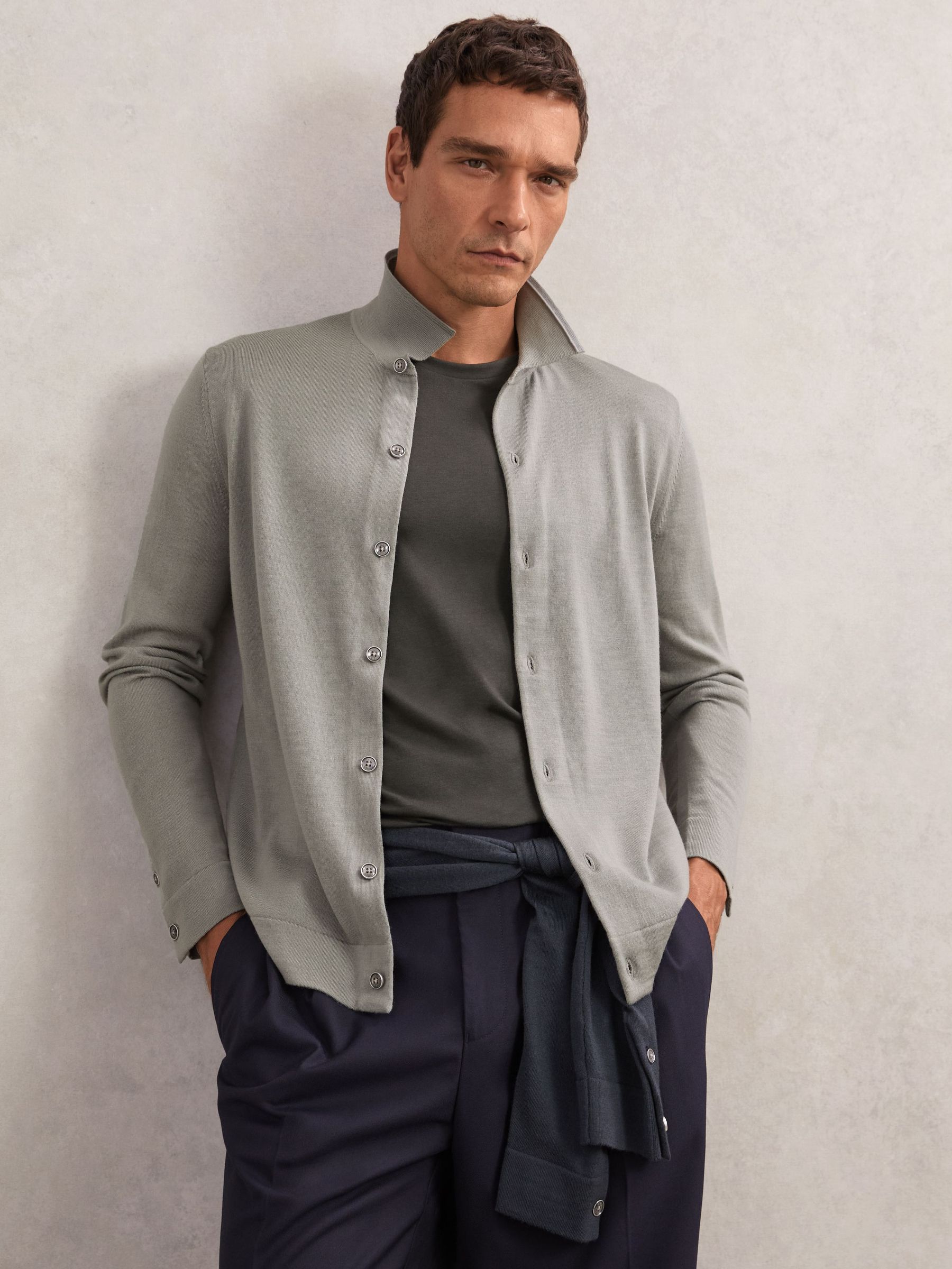 Merino Wool Button-Through Cardigan in Archer Green (H80552) | £118