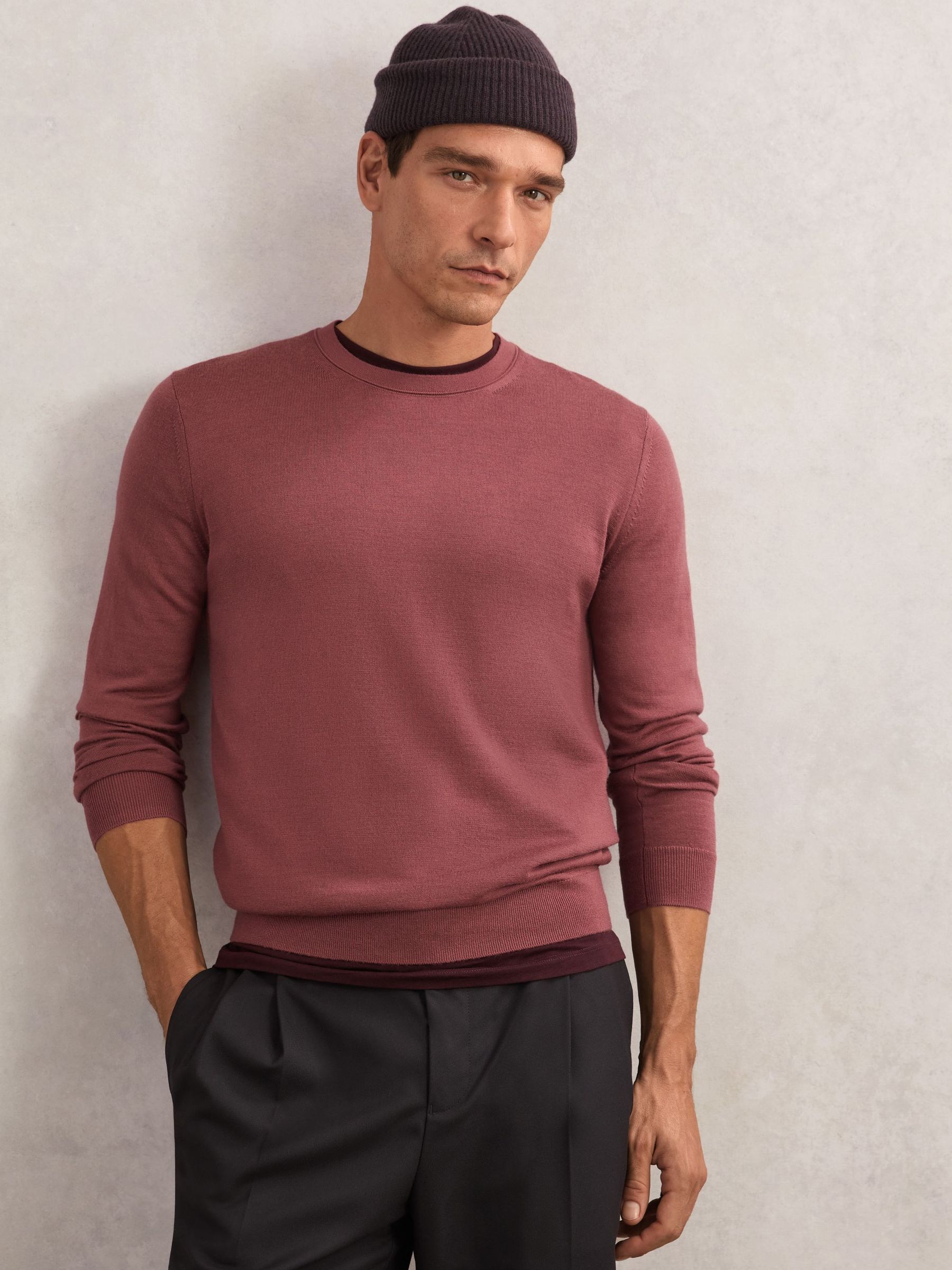 Merino Wool Crew Neck Jumper in Raspberry Pink (H80574) | £88