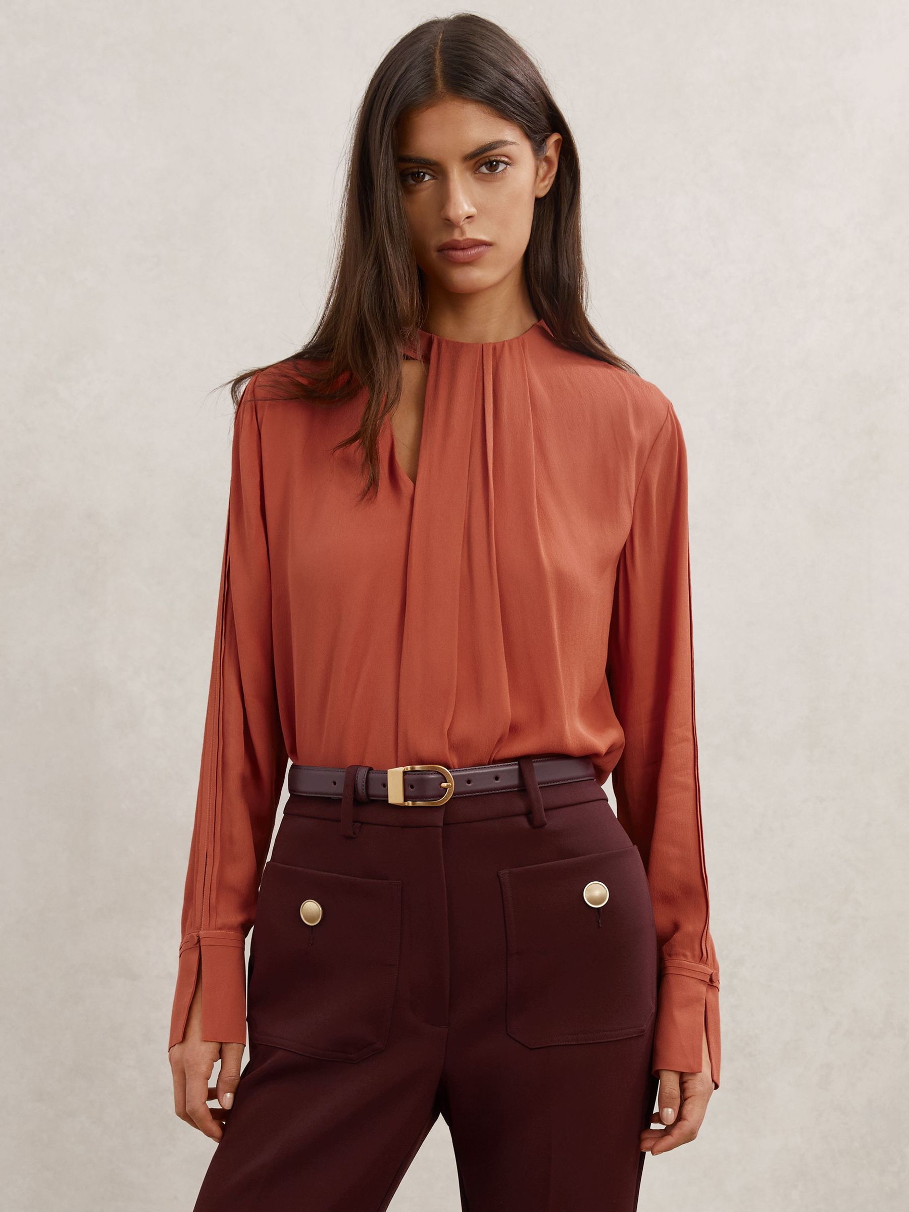 Drape-Detail Asymmetric Blouse in Copper (H82834) | £148