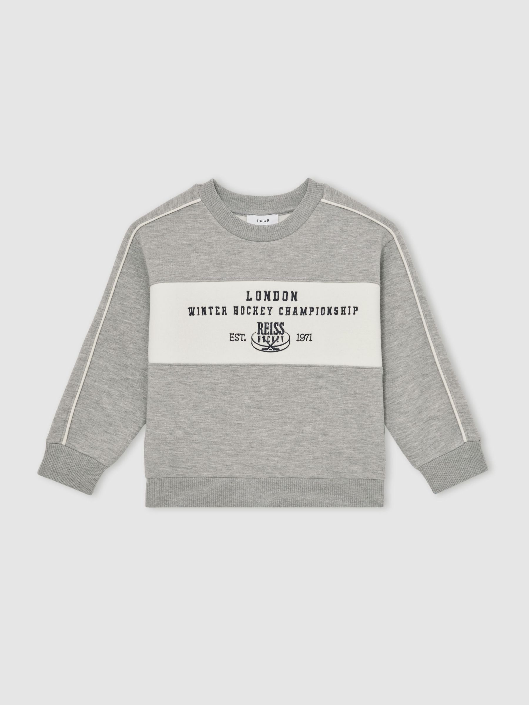 13-14 yrs Cotton-Blend Hockey Sweatshirt with Contrast-Piping in Grey Melange (H83291) | £48