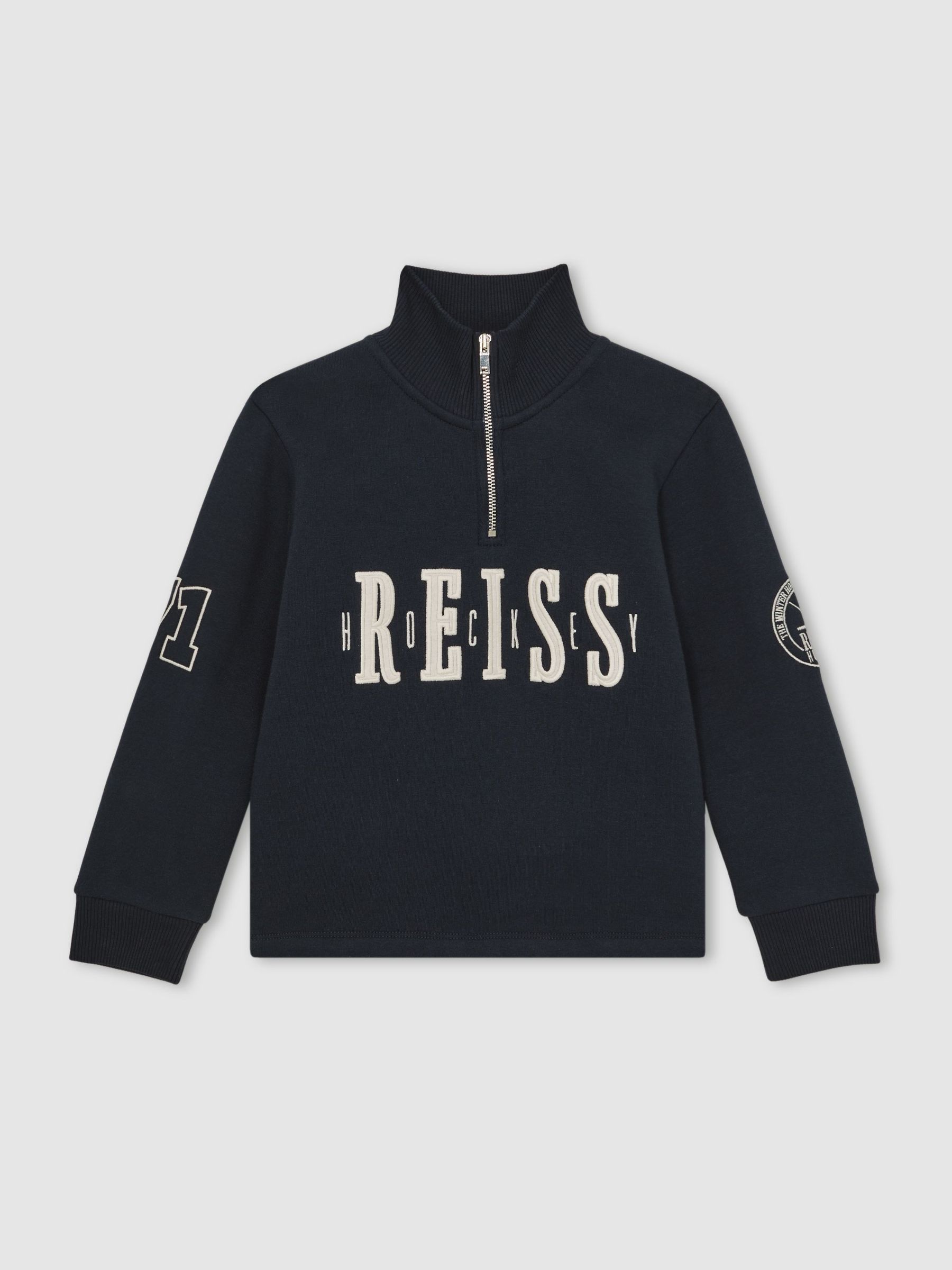 13-14 yrs Cotton-Blend Half-Zip Embroidered Sweatshirt in Navy (H83292) | £50