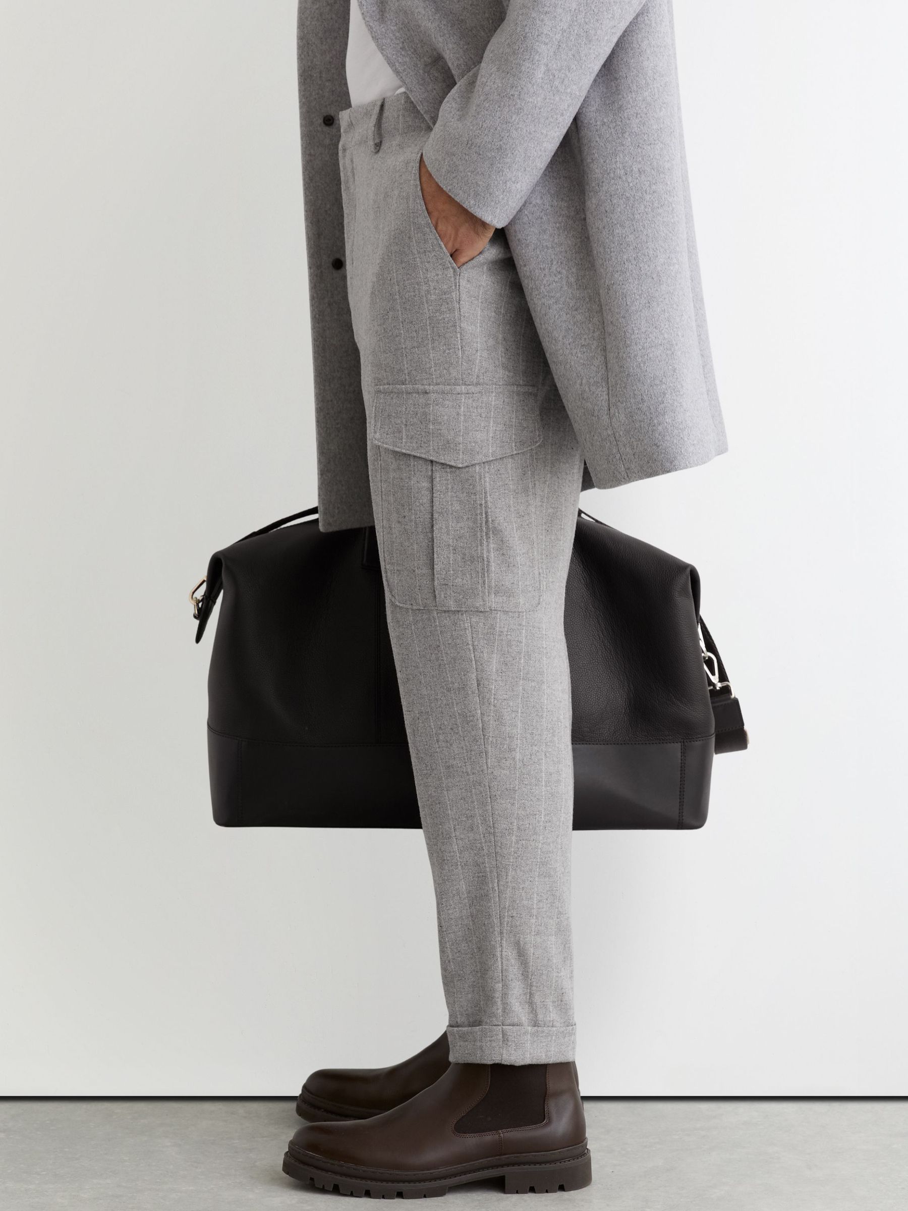 Wool-Blend Flannel Pinstripe Cargo Trousers in Soft Grey (H83809) | £158