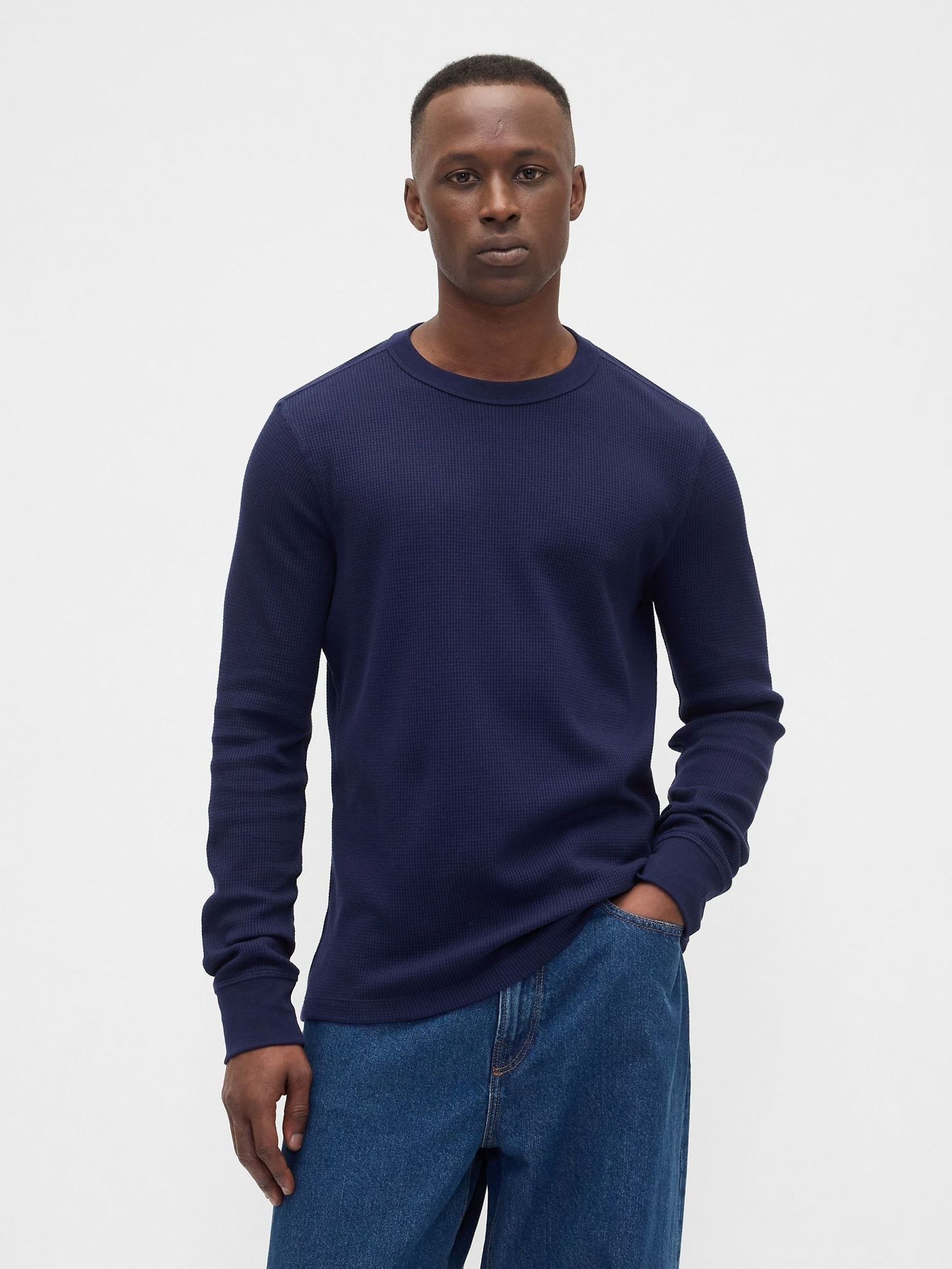 Navy Blue Waffle Knit Crew Neck T-Shirt (H85404) | £16