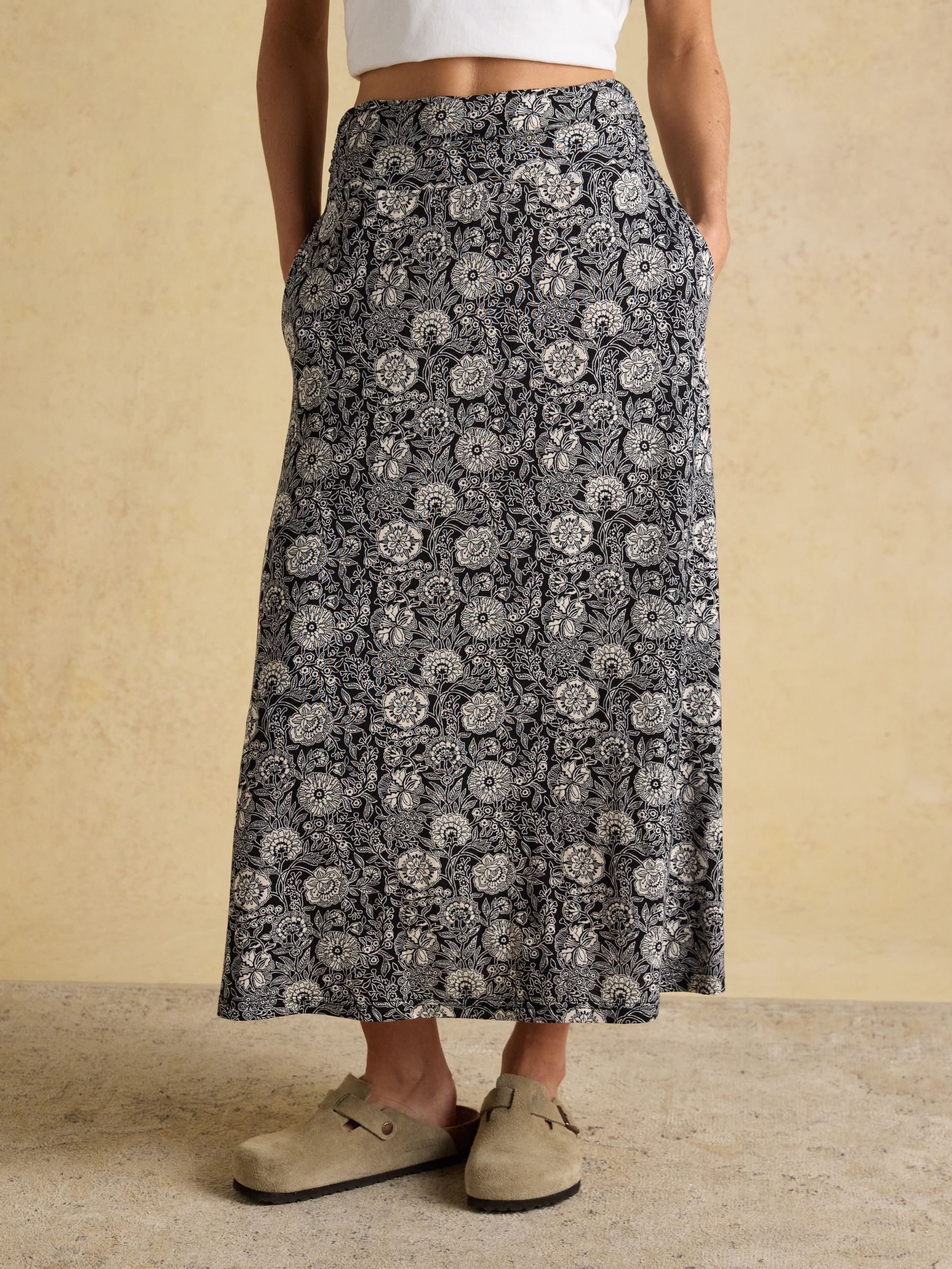 Nia Black Floral Jersey Midi Skirt