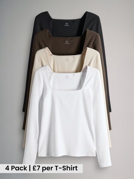 Black/Chocolate Brown/Cream/White 4 Pack Trim Square Neck Ribbed Tops (H87171) | £28