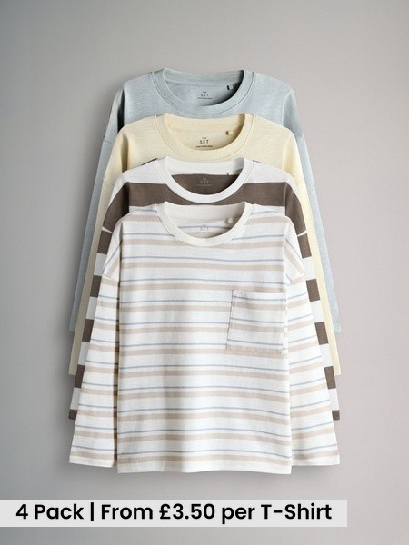 Brown/Cream/Green/Yellow 4 Pack Long Sleeve Cotton Slub T-Shirts (H87857) | £14 - £19