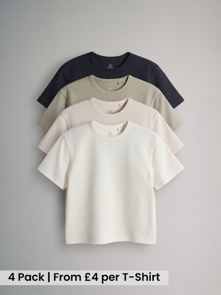 Charcoal/Brown/Oatmeal Marl/White 4 Pack Short Sleeve Waffle T-Shirts (H87876) | £16 - £18