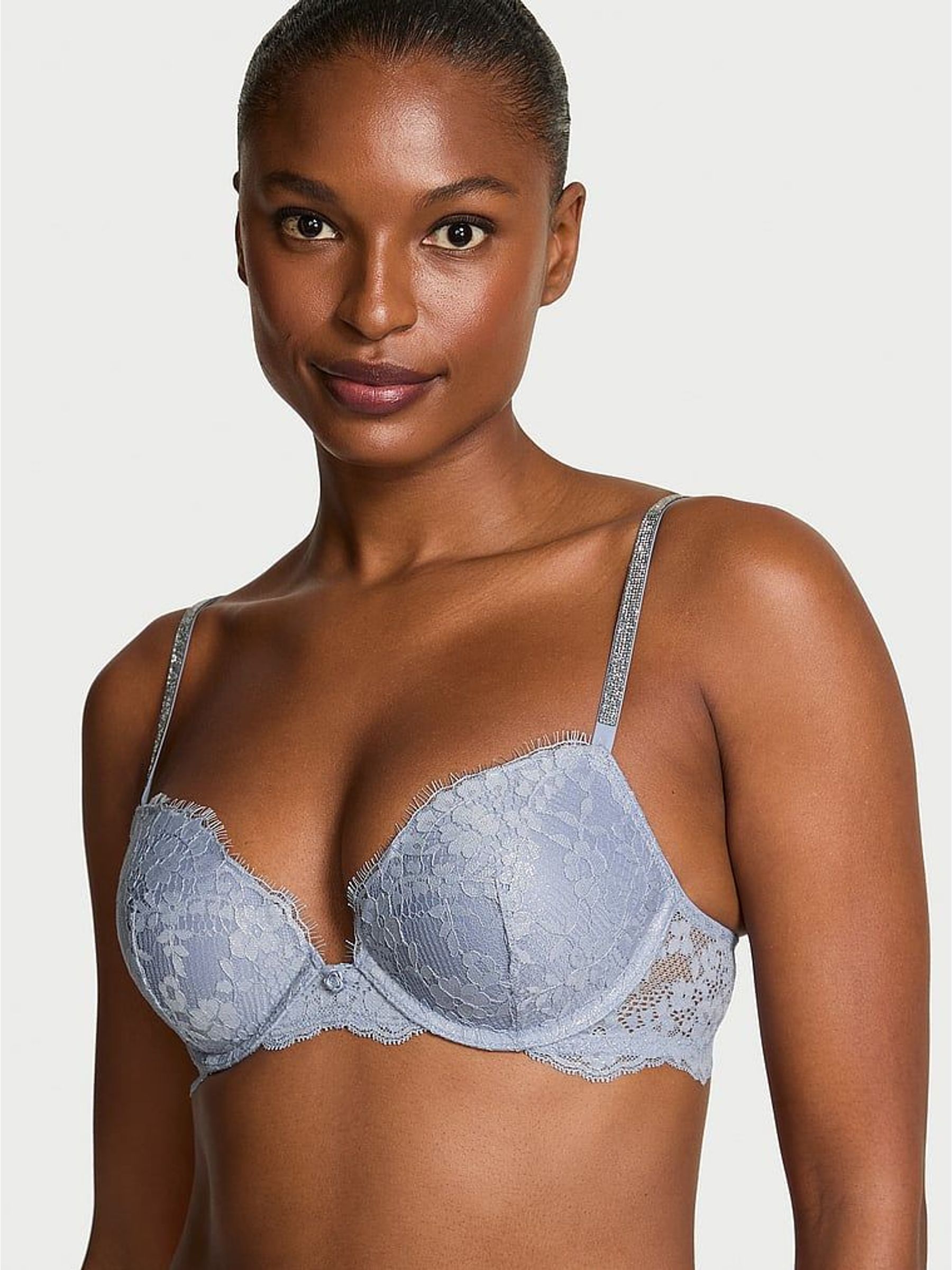 Blue Grey Push Up Twinkle Strap Lace Bra (H89265) | £60