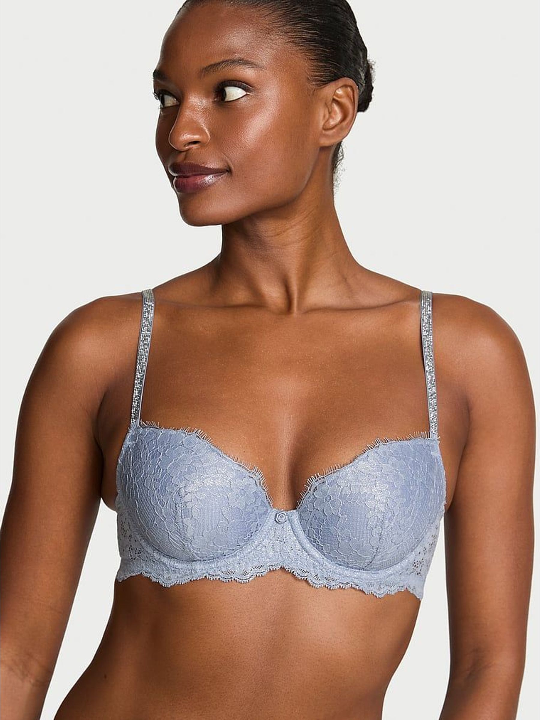 Blue Grey Lightly Lined Demi Twinkle Strap Lace Bra (H89289) | £60