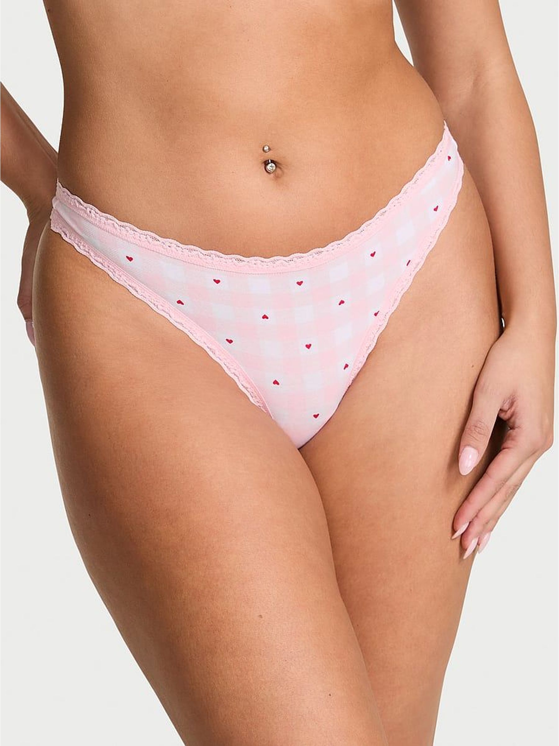 Pretty Blossom Pink Gingham Heart Thong Cotton Lace Trim Knickers (H89403) | £10