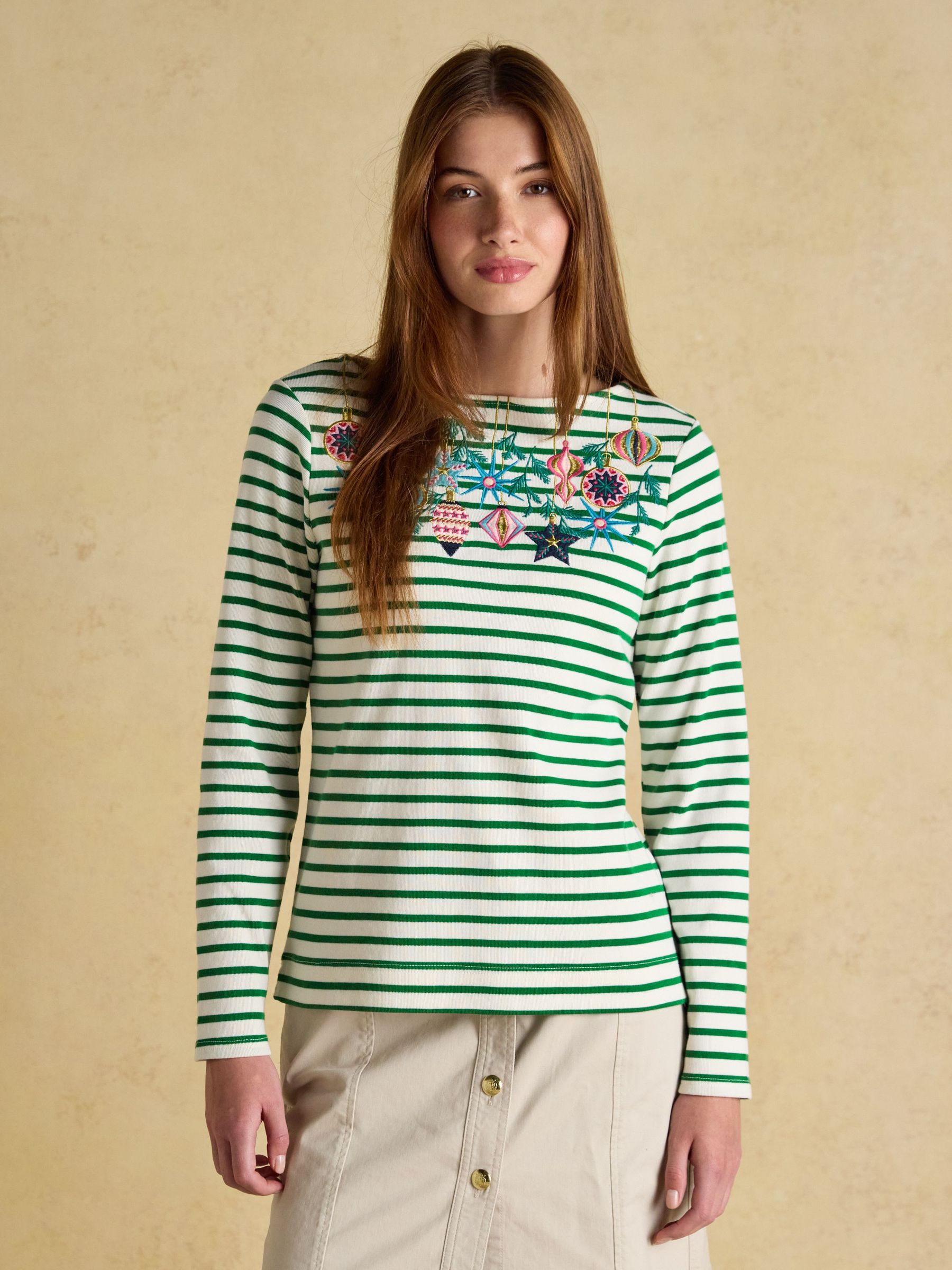 Christmas Harbour Green/White Bauble Boat Neck Breton Top (H89633) | £40