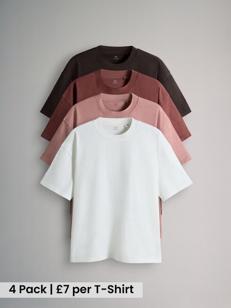 Pink/Tan 4 Pack Oversized Heavy Cotton Crew Neck TShirts (H91059) | £28