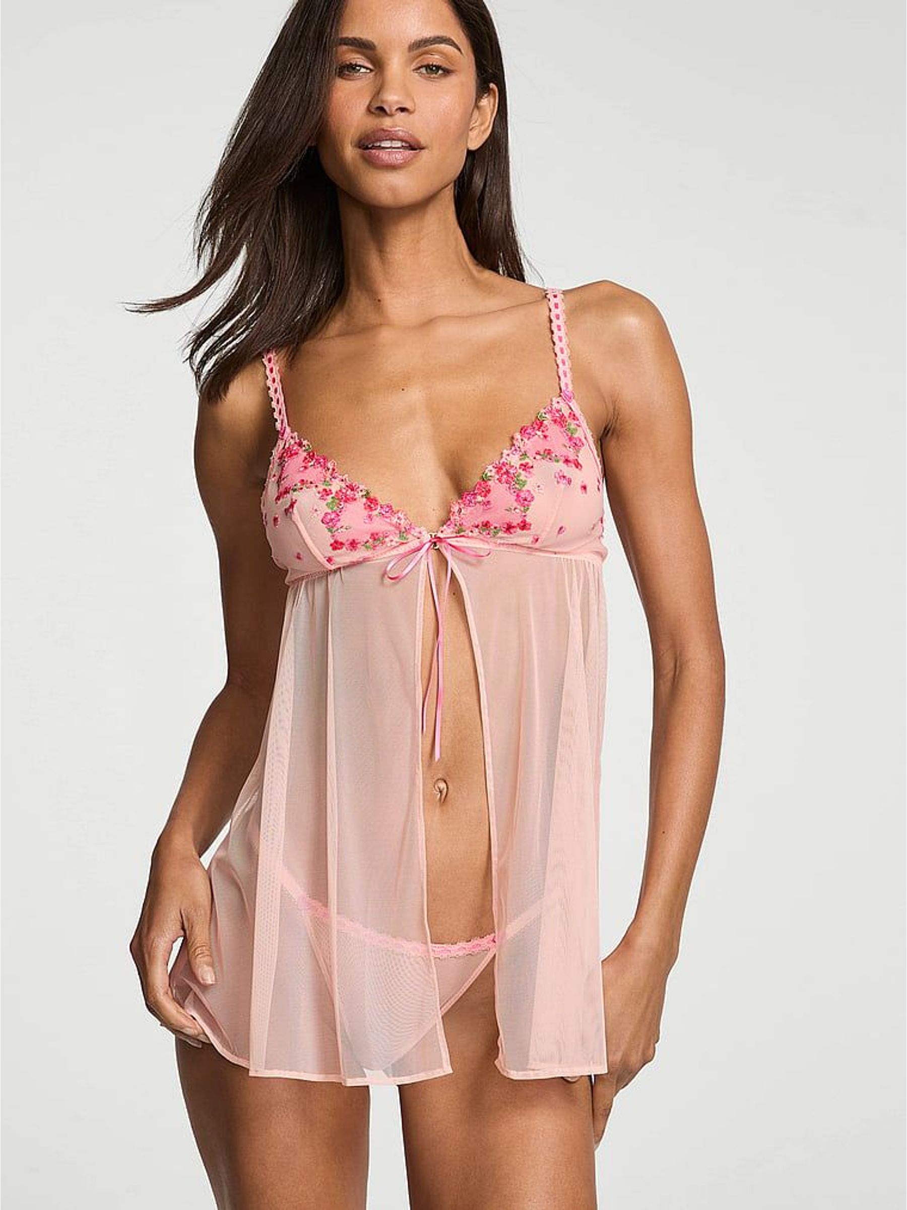 Hearts and Roses Pink Embroidered Babydoll Set (H91260) | £69