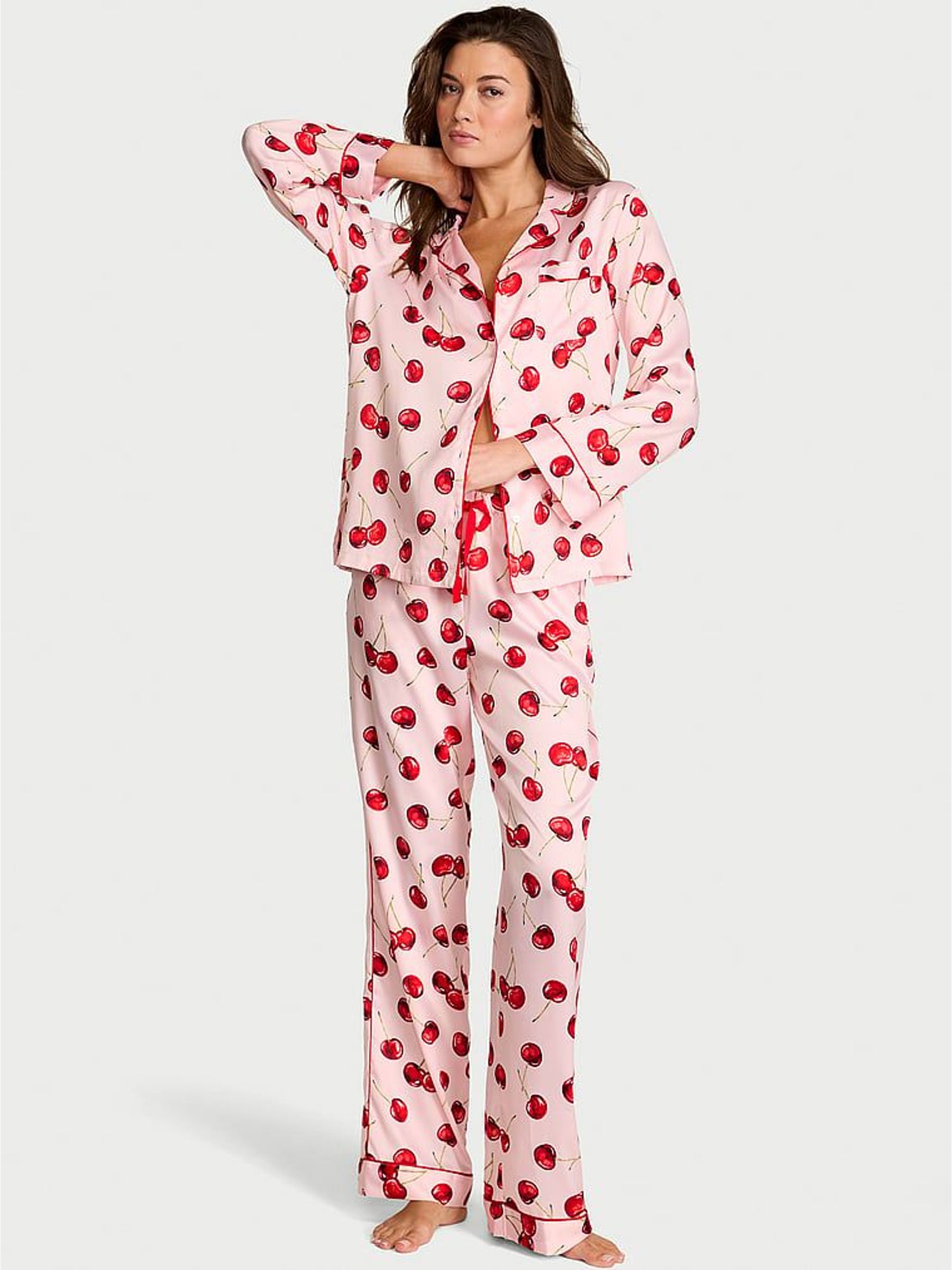 Bright Vermillion Red Exploded Cherries Satin Long Pyjamas Set (H91262) | £75