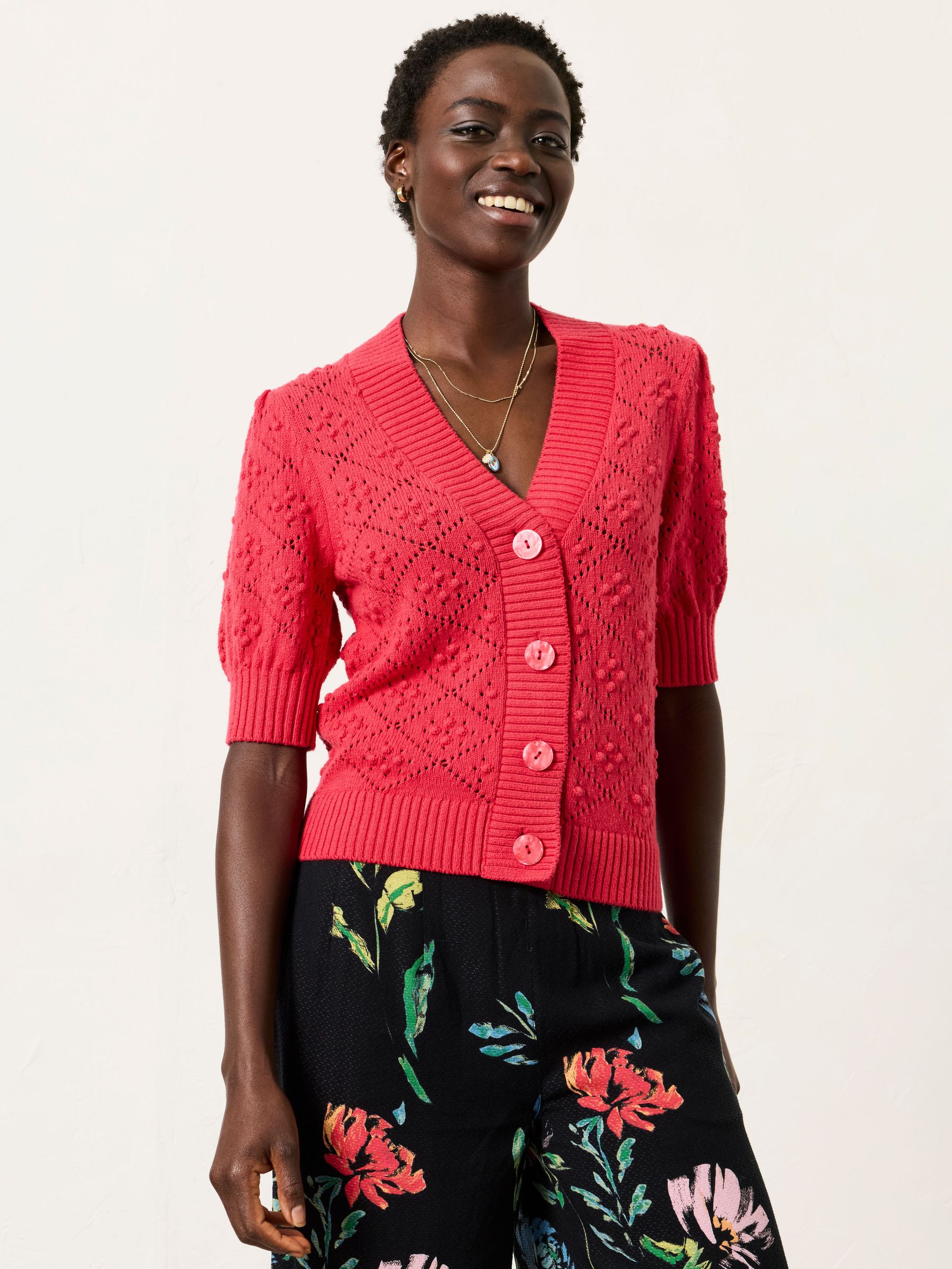 Clover Raspberry Pink Knitted Short Sleeve Cardigan (H93084) | £56