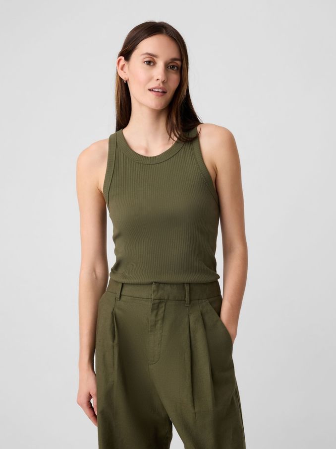Khaki Green Ribbed Racer High Neck Vest Top (H97099) | £7