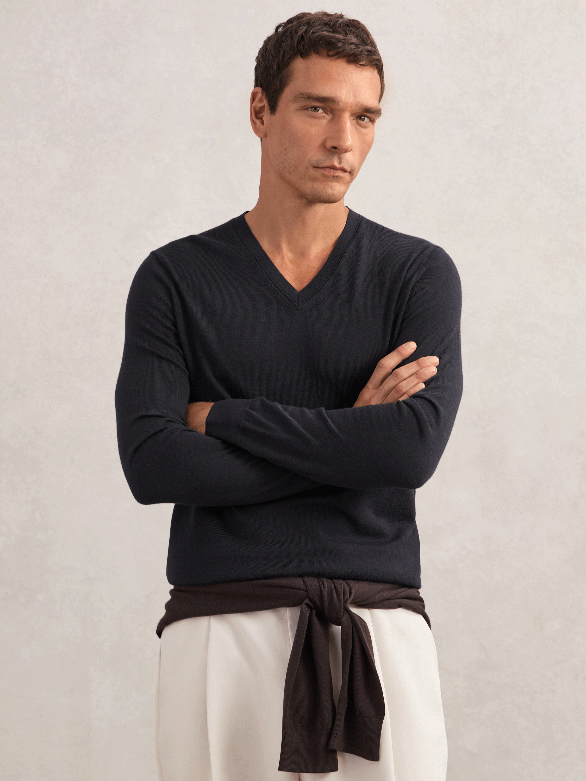 Merino Wool V-Neck Jumper in Navy (H97777) | £88