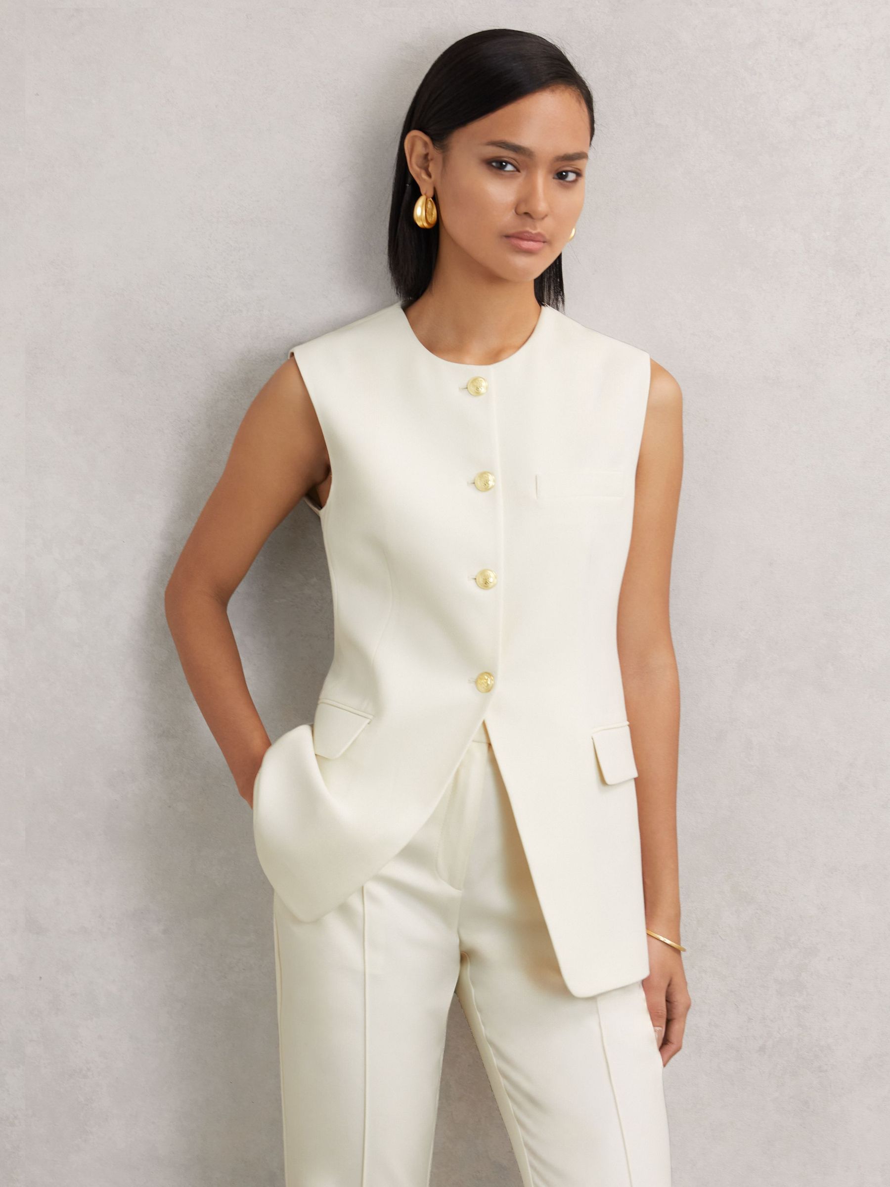 High-Neck Longline Waistcoat in Cream (H97779) | £190