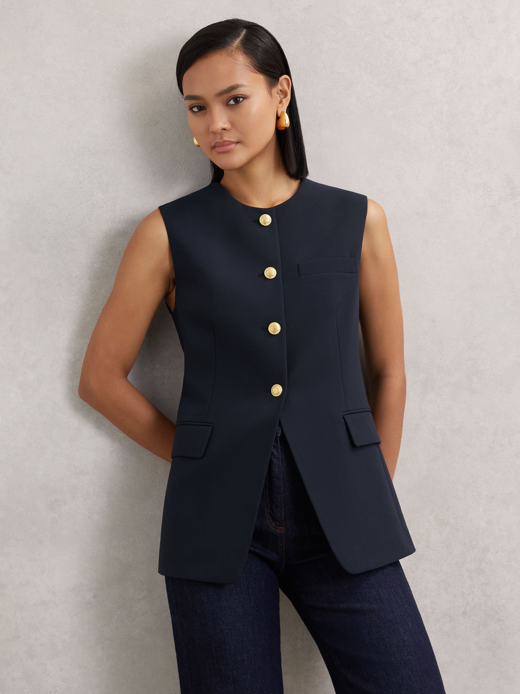 High-Neck Longline Waistcoat in Navy (H97783) | £190