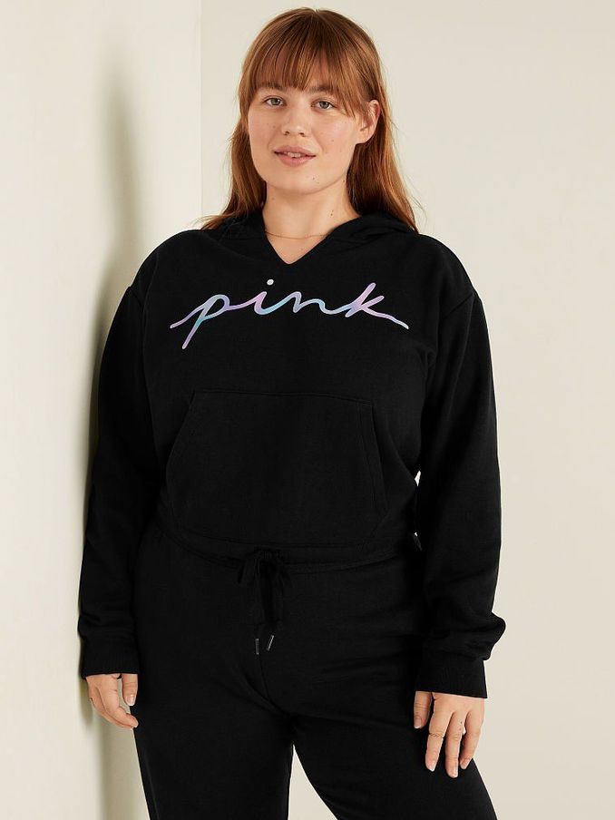 Pure Black Blur Script Logo Fleece Cropped Cinched Campus Hoodie (K02476) | £20