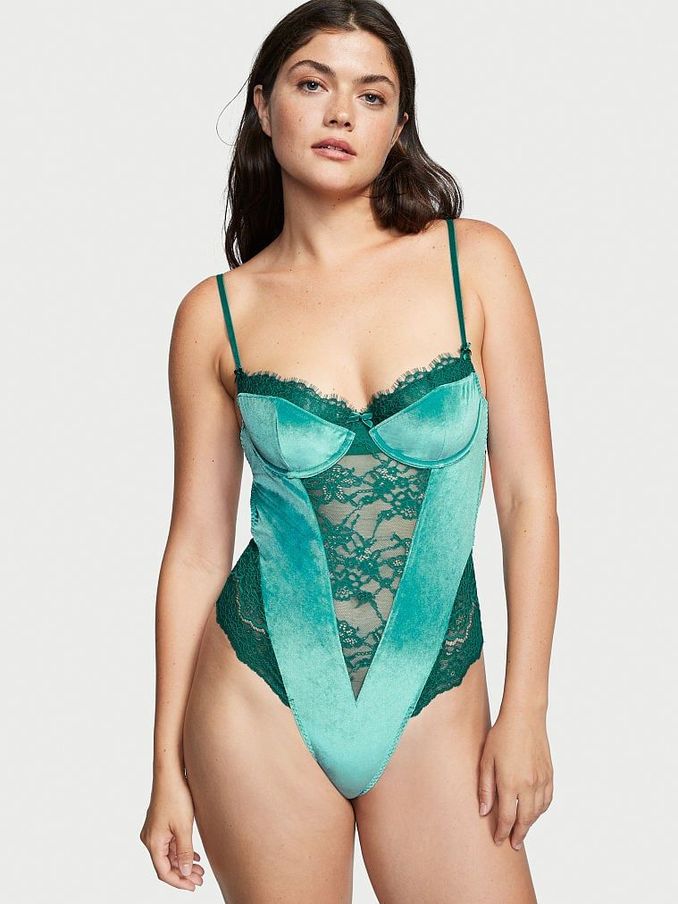 Shaded Spruce Green Wicked Unlined Velvet Balcony Bodysuit (K04940) | £29