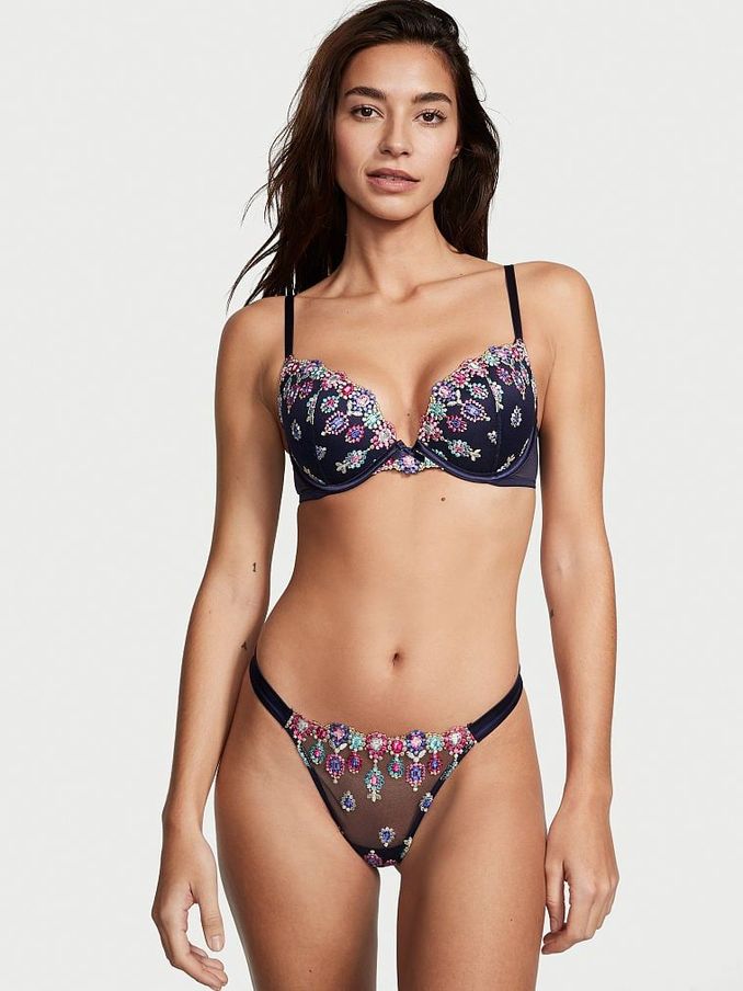 Noir Navy Blue Bejeweled Embroidery Thong Knickers (K07069) | £5